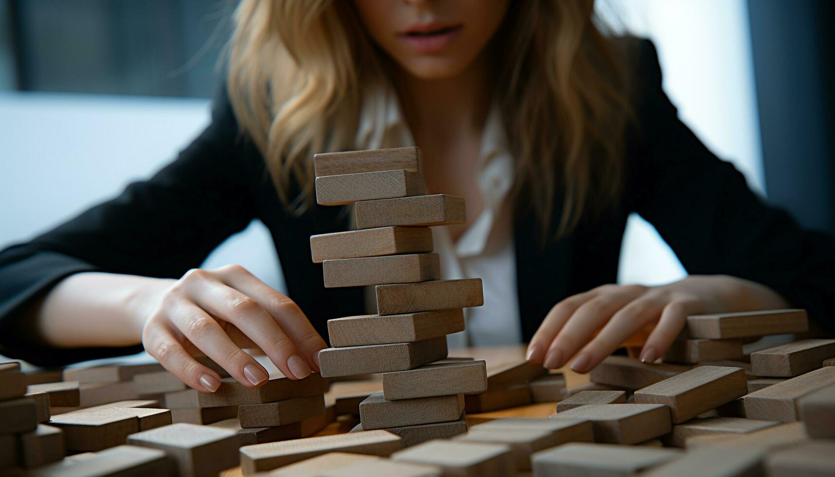 AI generated Young adult businesswoman stacking dominoes, creating a strategy generated by AI photo