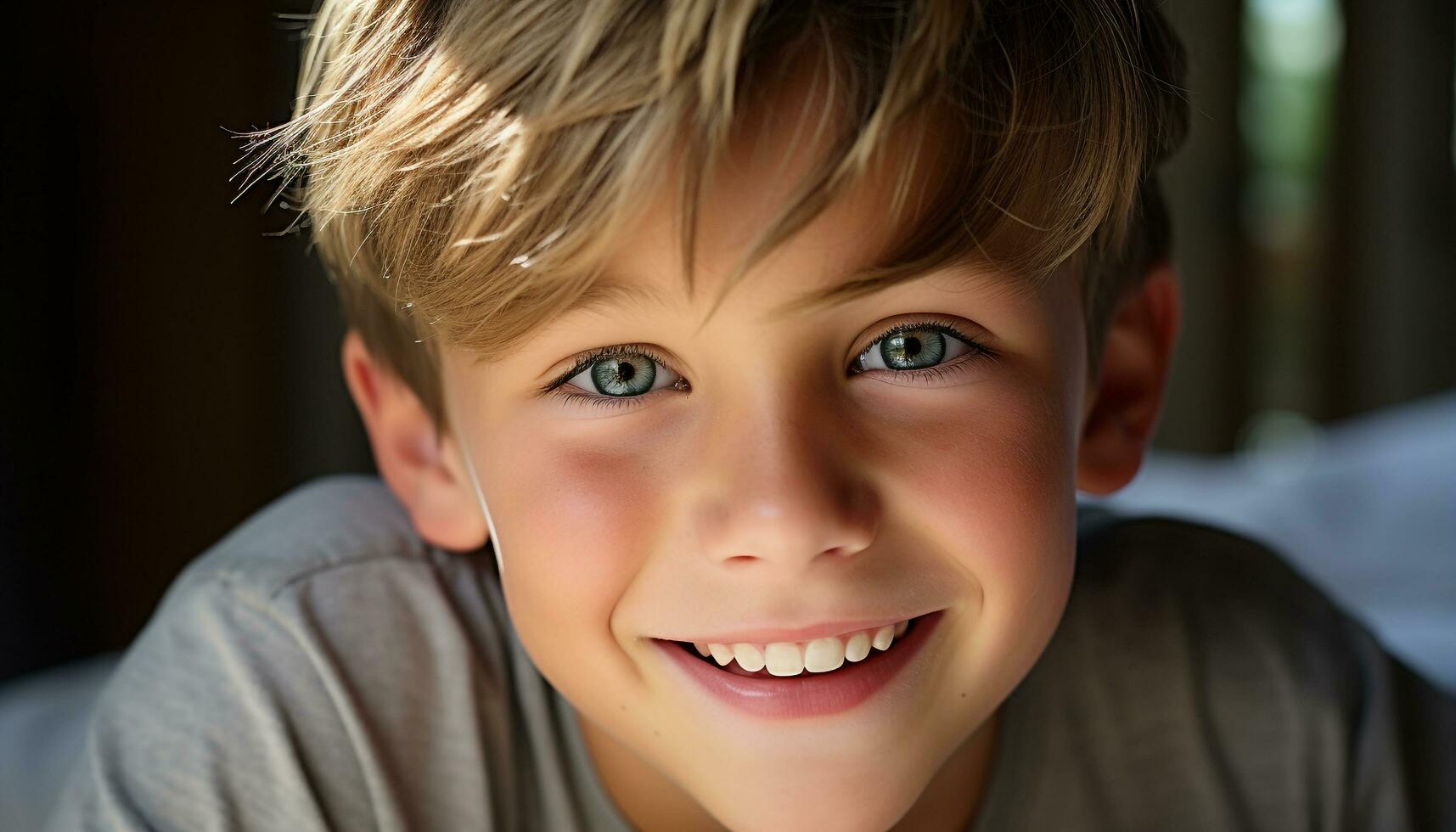 AI generated Smiling boy with blond hair enjoys carefree childhood generated by AI photo