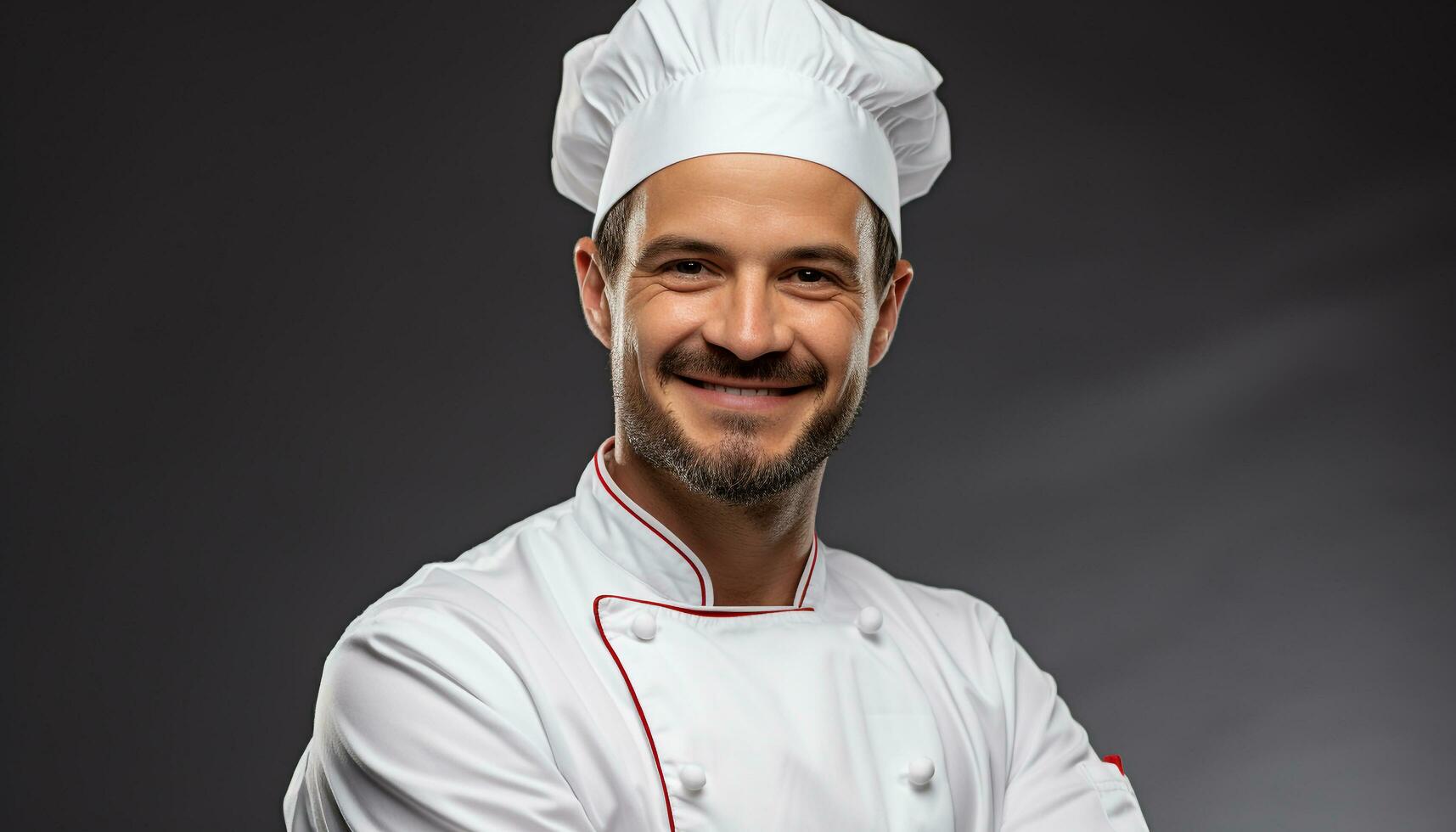 AI generated Smiling chef in uniform cooking gourmet food generated by AI photo