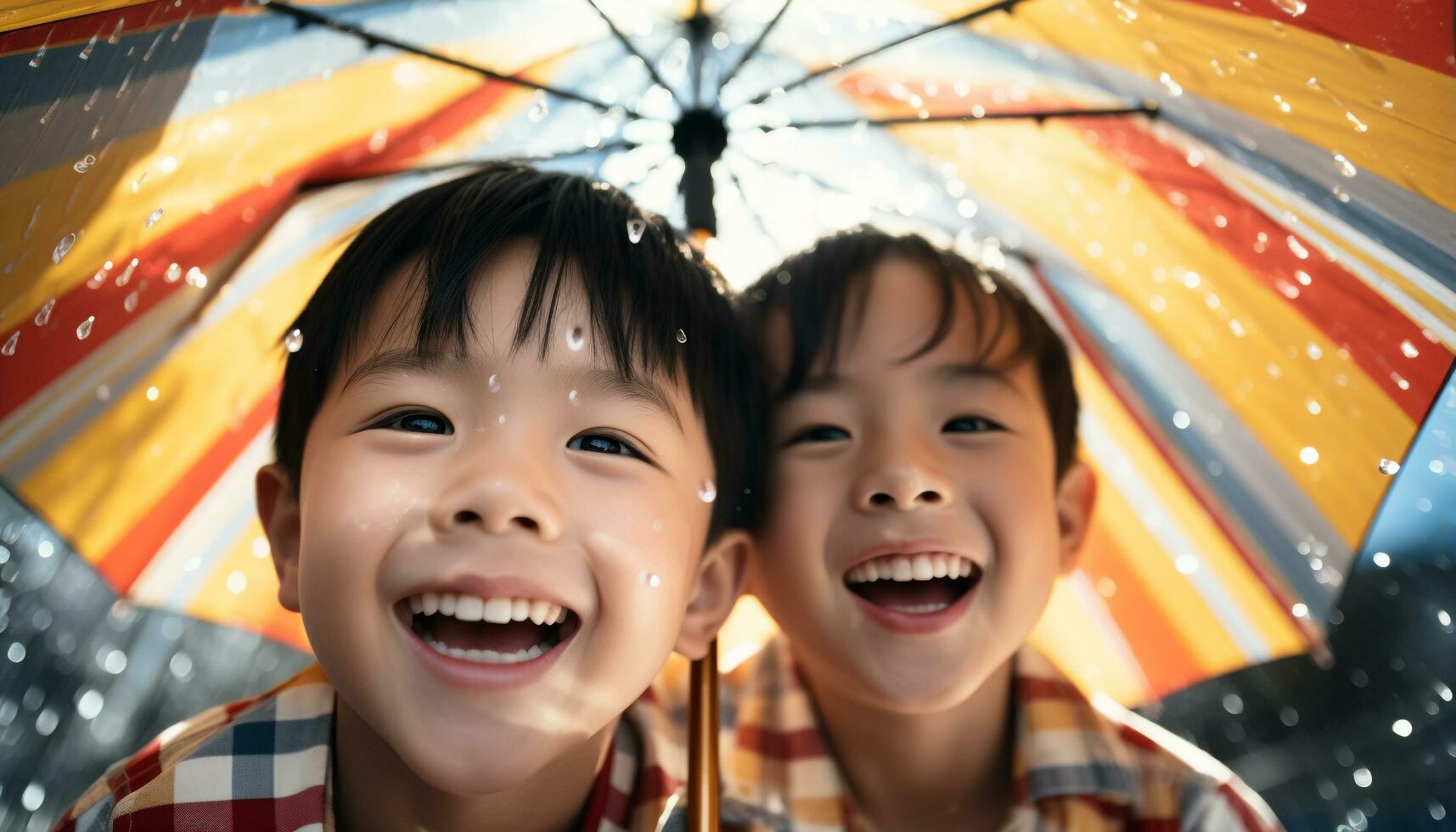 AI generated Two smiling boys playing in the rain outdoors generated by AI photo