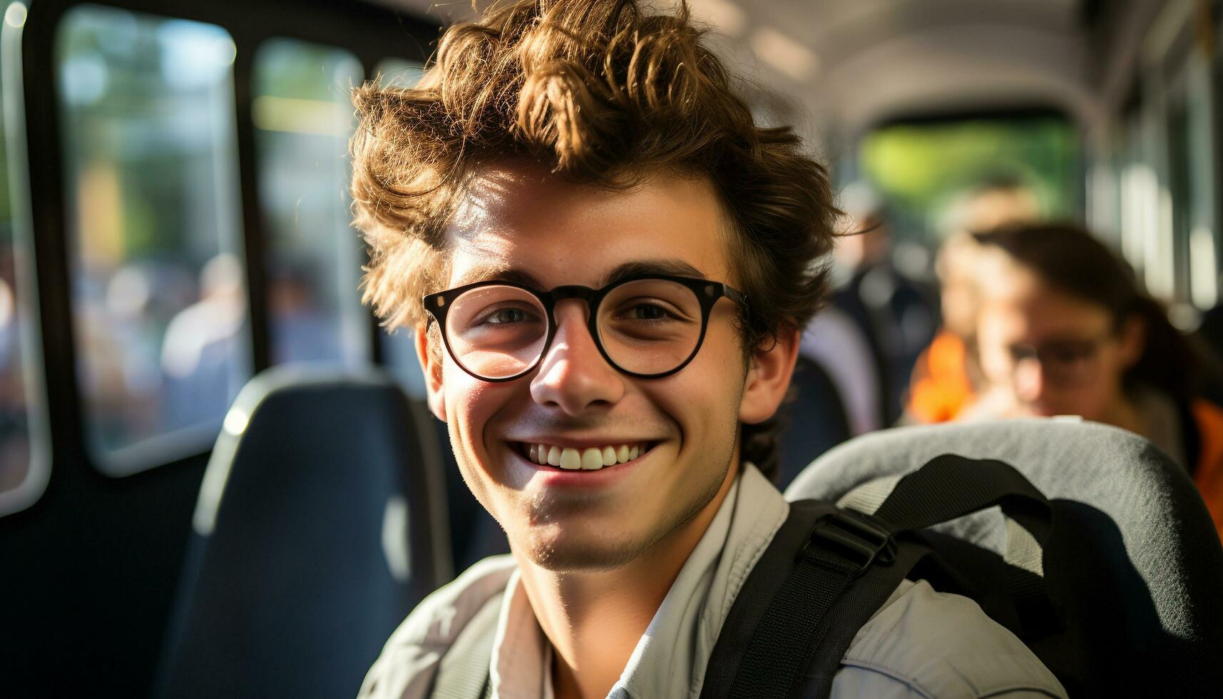 ai generado joven adulto turista sonriente, disfrutando viaje en autobús generado por ai foto