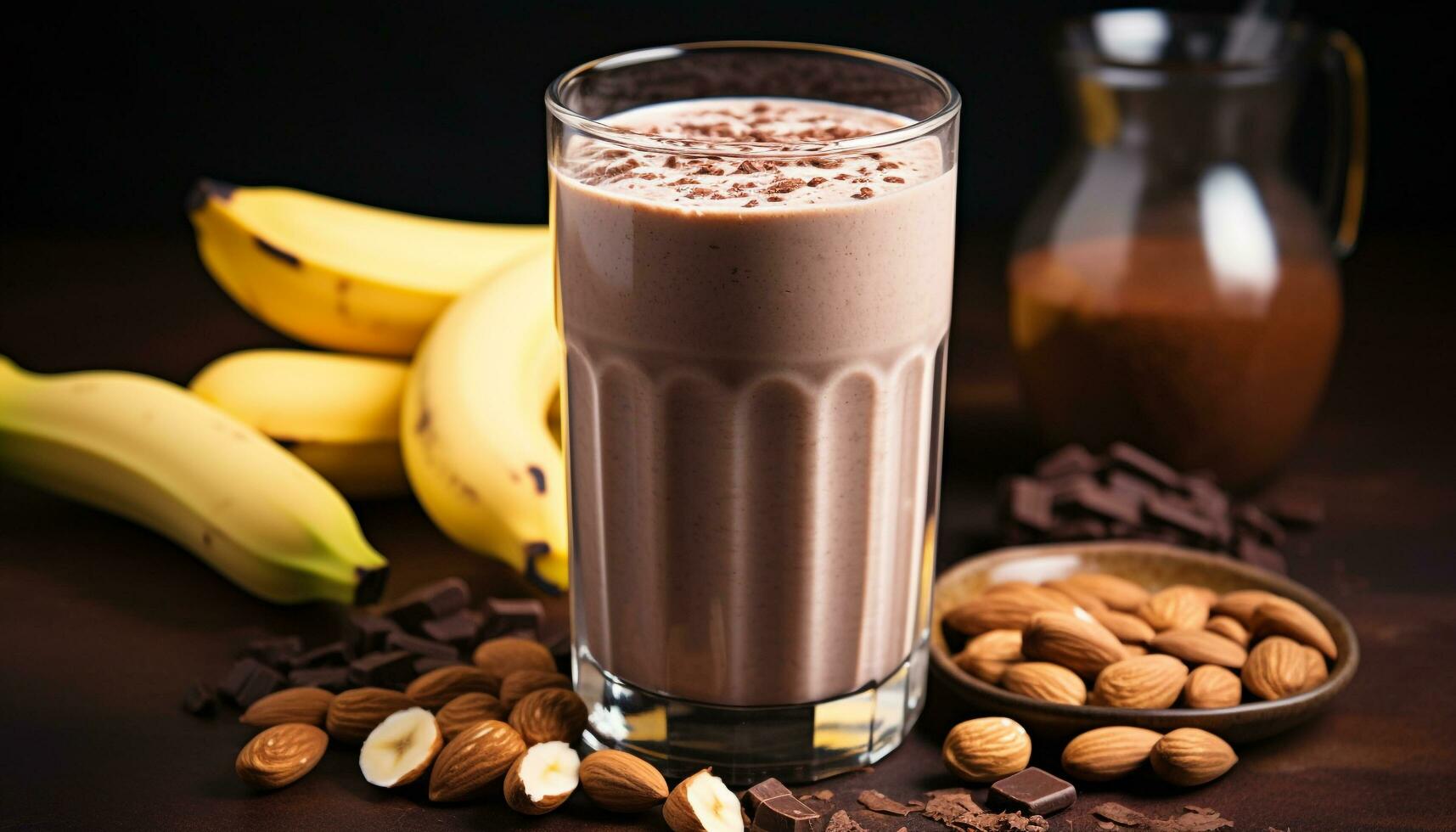 ai generado frescura en mesa chocolate, banana, leche, Fruta generado por ai foto