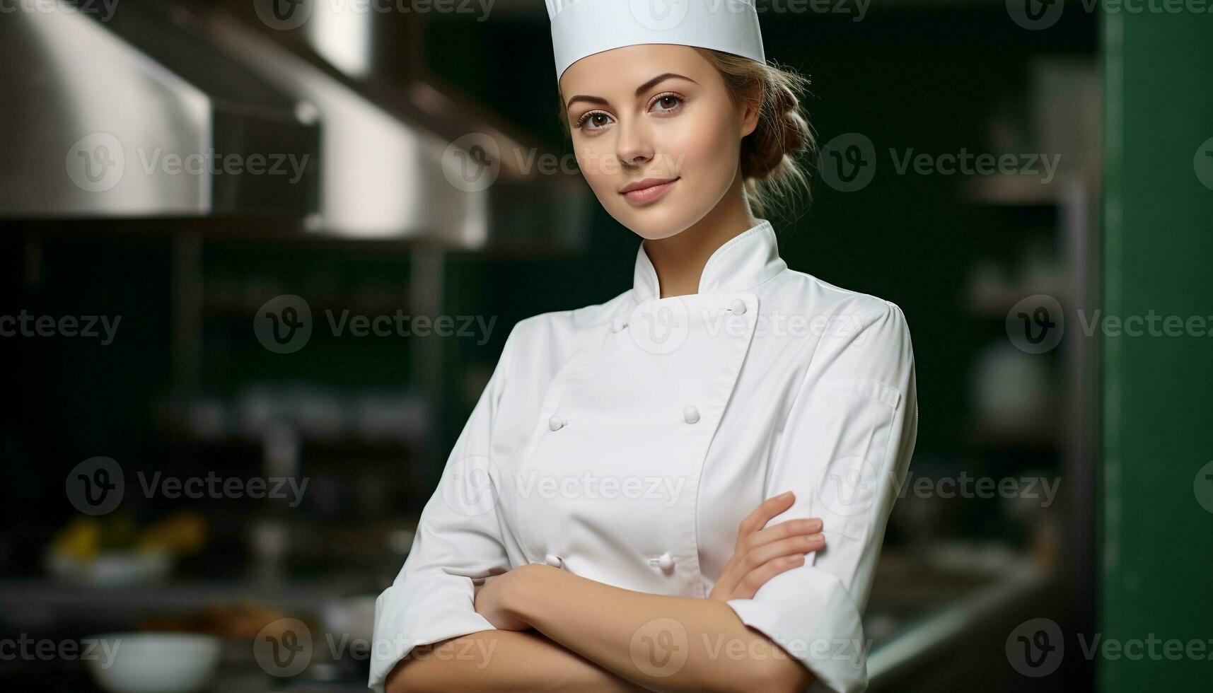 AI generated Smiling chef in uniform cooking in commercial kitchen generated by AI photo
