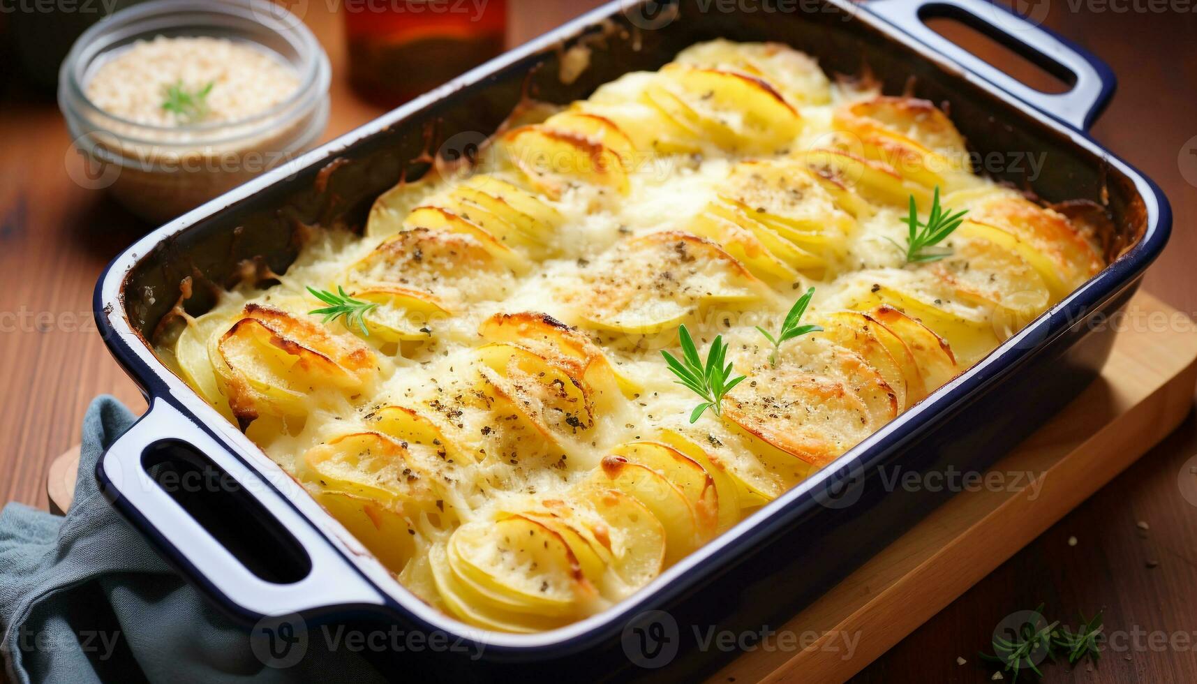 AI generated Freshness and gourmet meal, baked gratin on table generated by AI photo