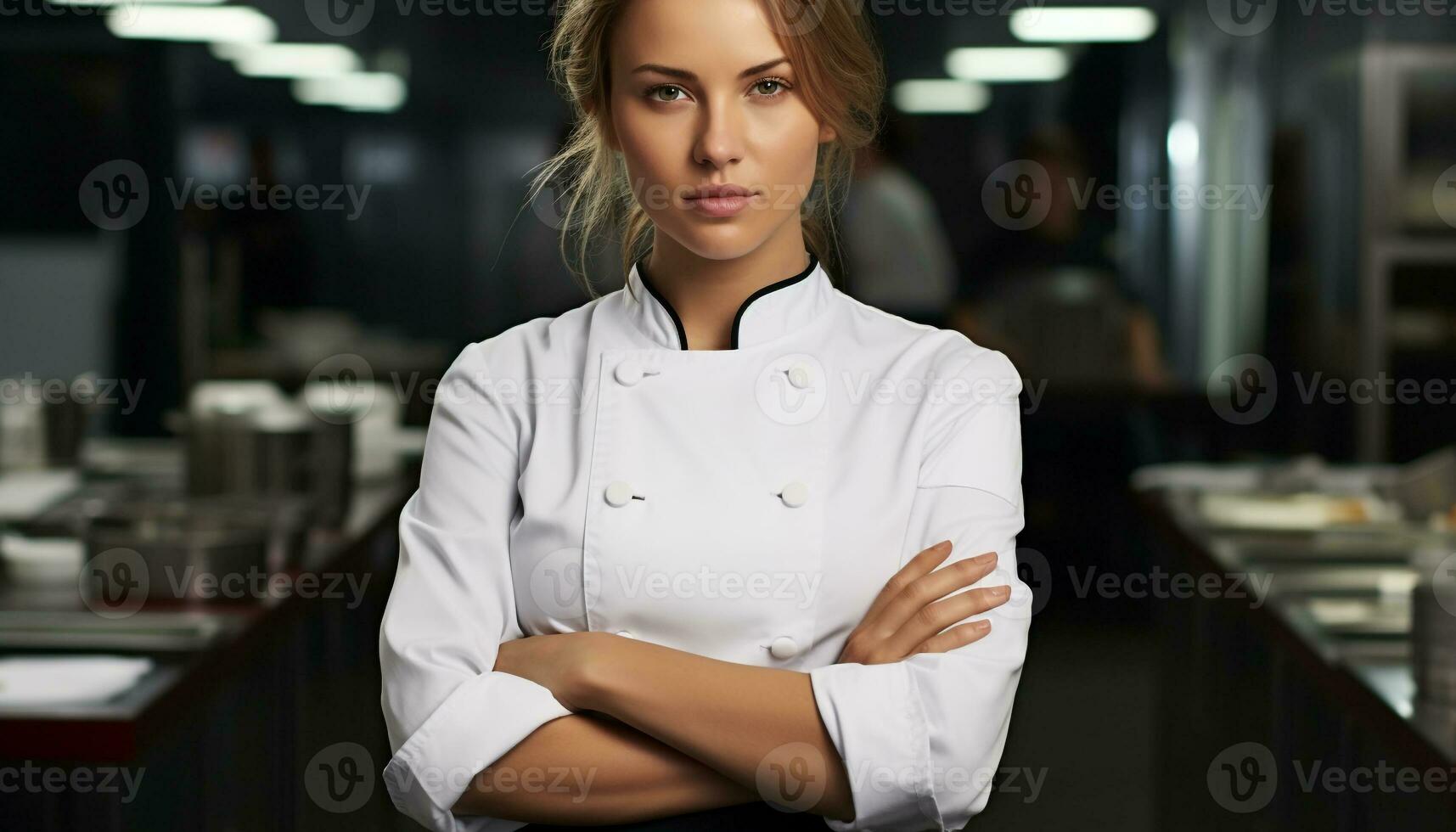 AI generated Confident young woman chef smiling in commercial kitchen generated by AI photo