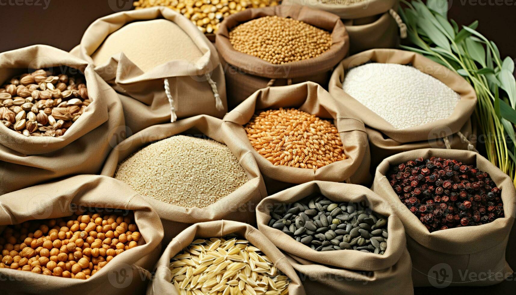 AI generated Healthy eating organic seed collection in burlap sack generated by AI photo