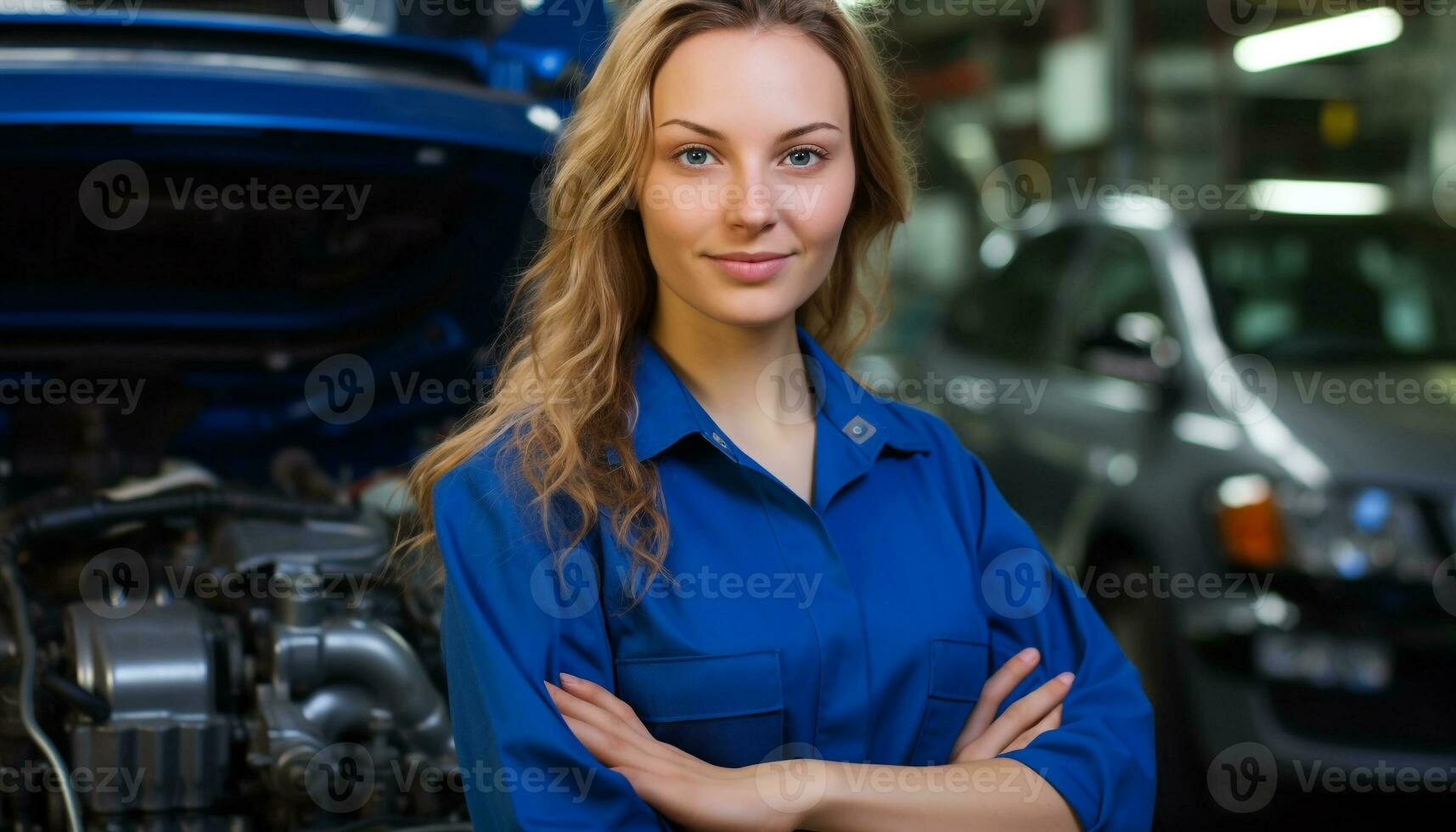 AI generated Smiling adult mechanic working on blue car generated by AI photo