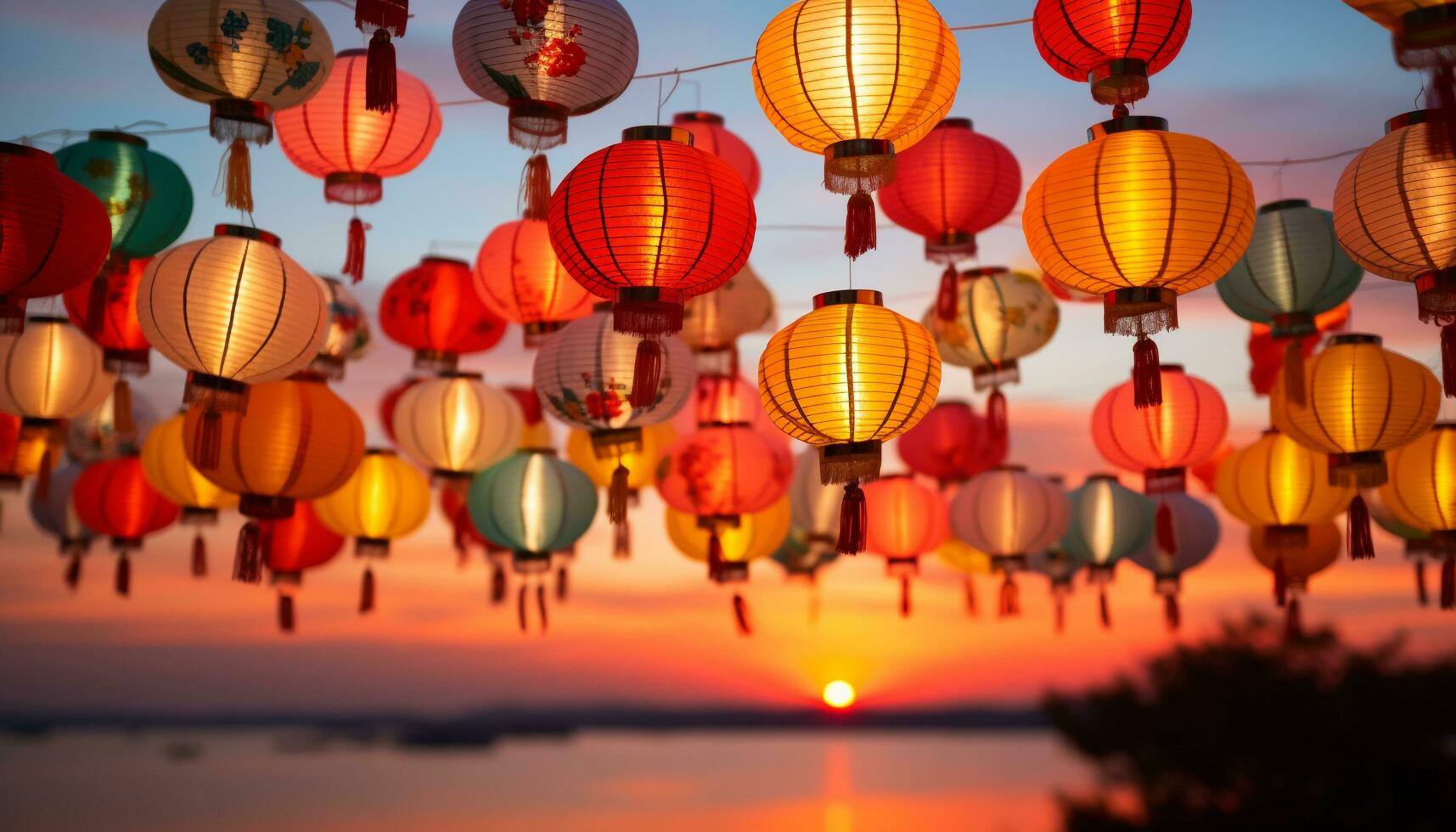 AI generated Vibrant colored lanterns illuminate the night sky generated by AI photo