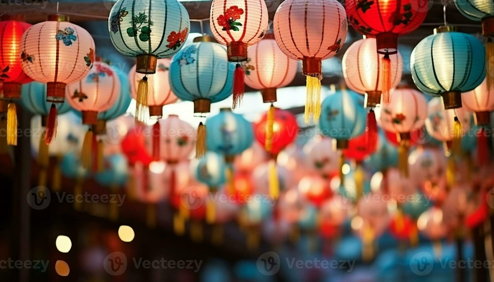 AI generated Chinese lanterns illuminate the night in vibrant colors generated by AI photo