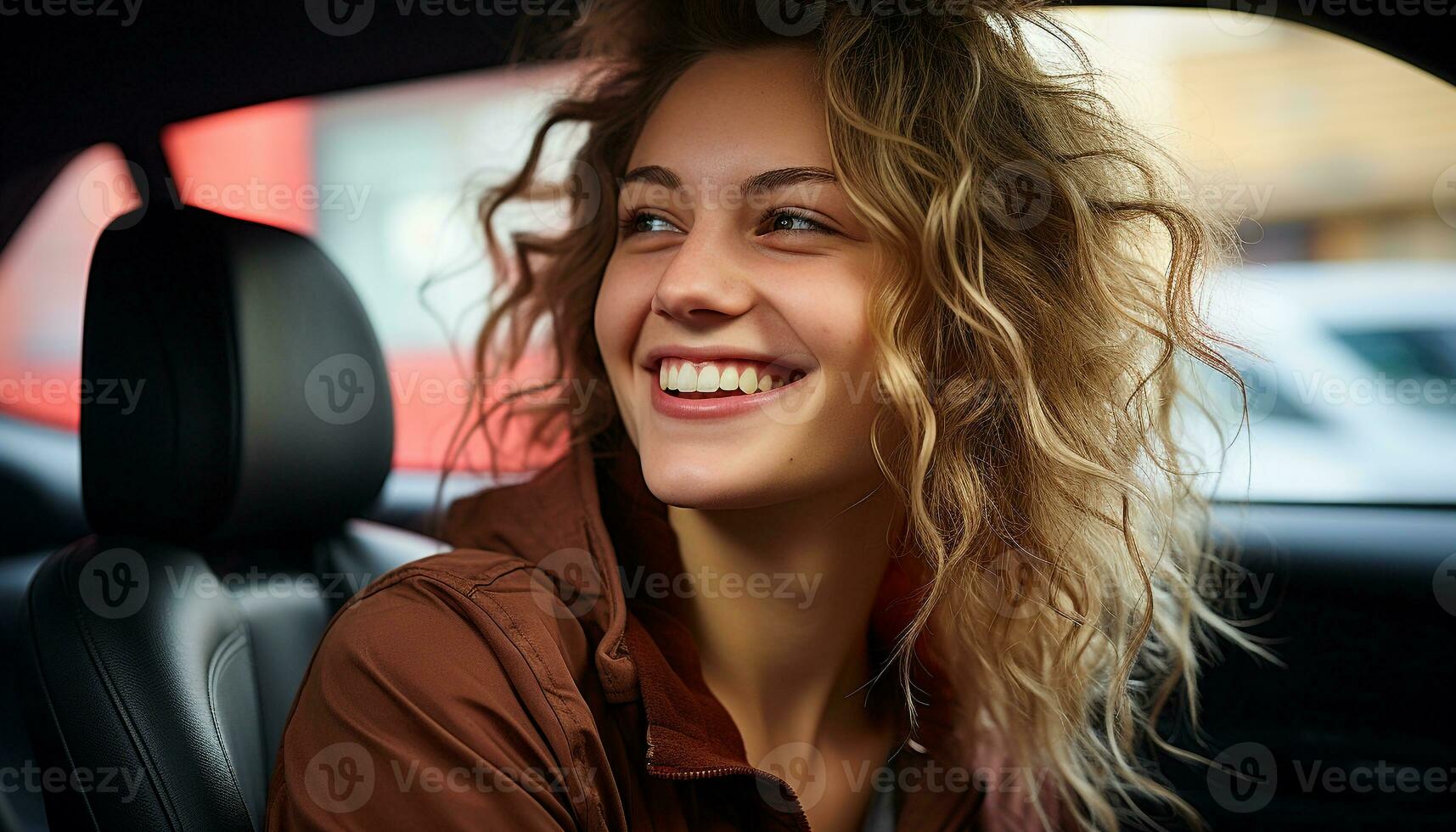 AI generated Smiling woman driving car, enjoying carefree road trip generated by AI photo