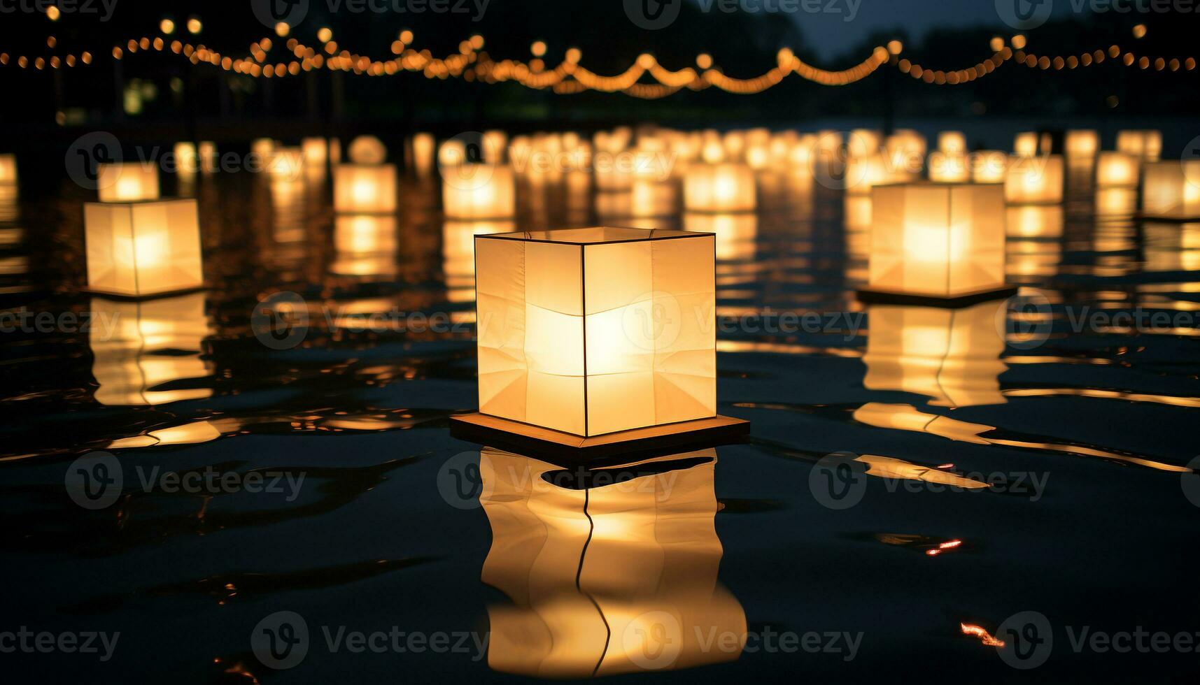 AI generated Glowing lanterns illuminate the tranquil night reflection generated by AI photo