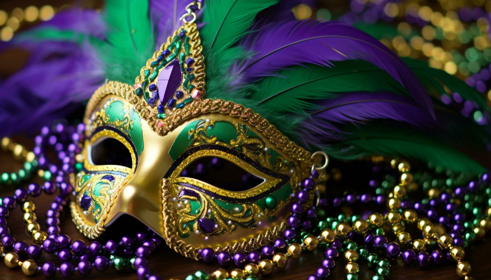 AI generated Mardi Gras celebration, mask, costume, decoration, feather, purple, party generated by AI photo