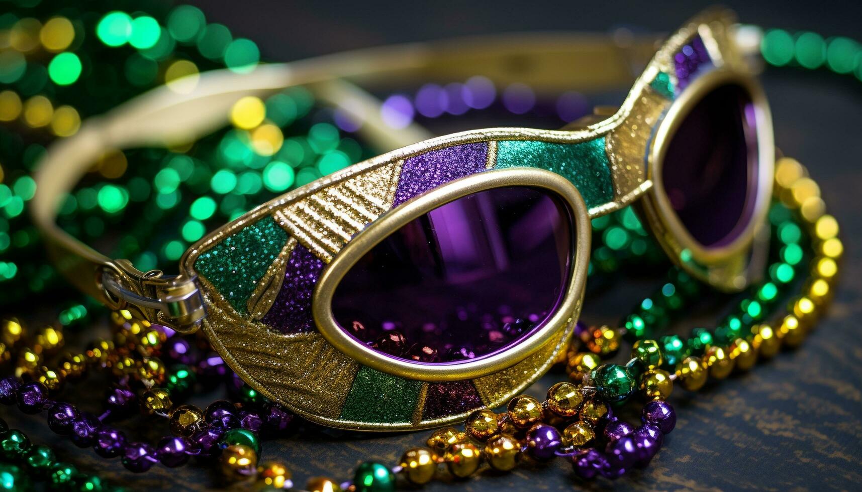 AI generated Shiny, multi colored sunglasses reflect vibrant Mardi Gras celebration generated by AI photo