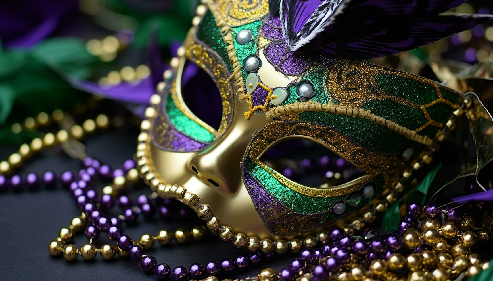 AI generated Colorful Mardi Gras costume with shiny gold beads generated by AI photo