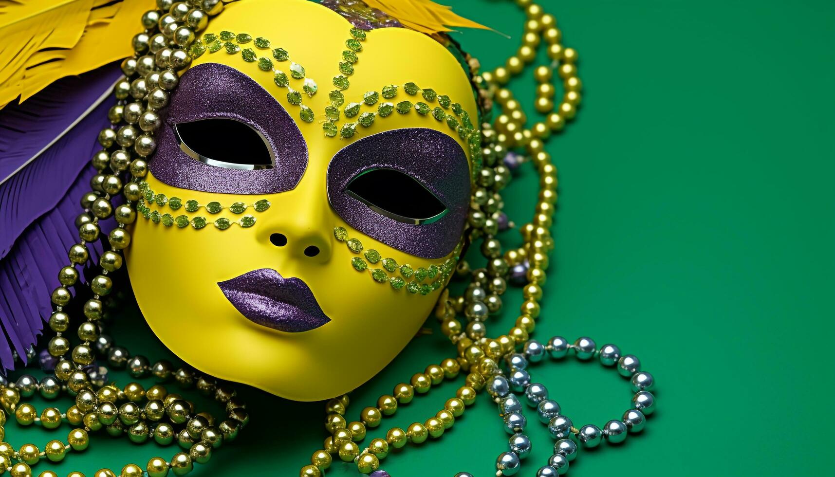 ai generado mardi gras mascarilla, oro traje, elegante pluma generado por ai foto