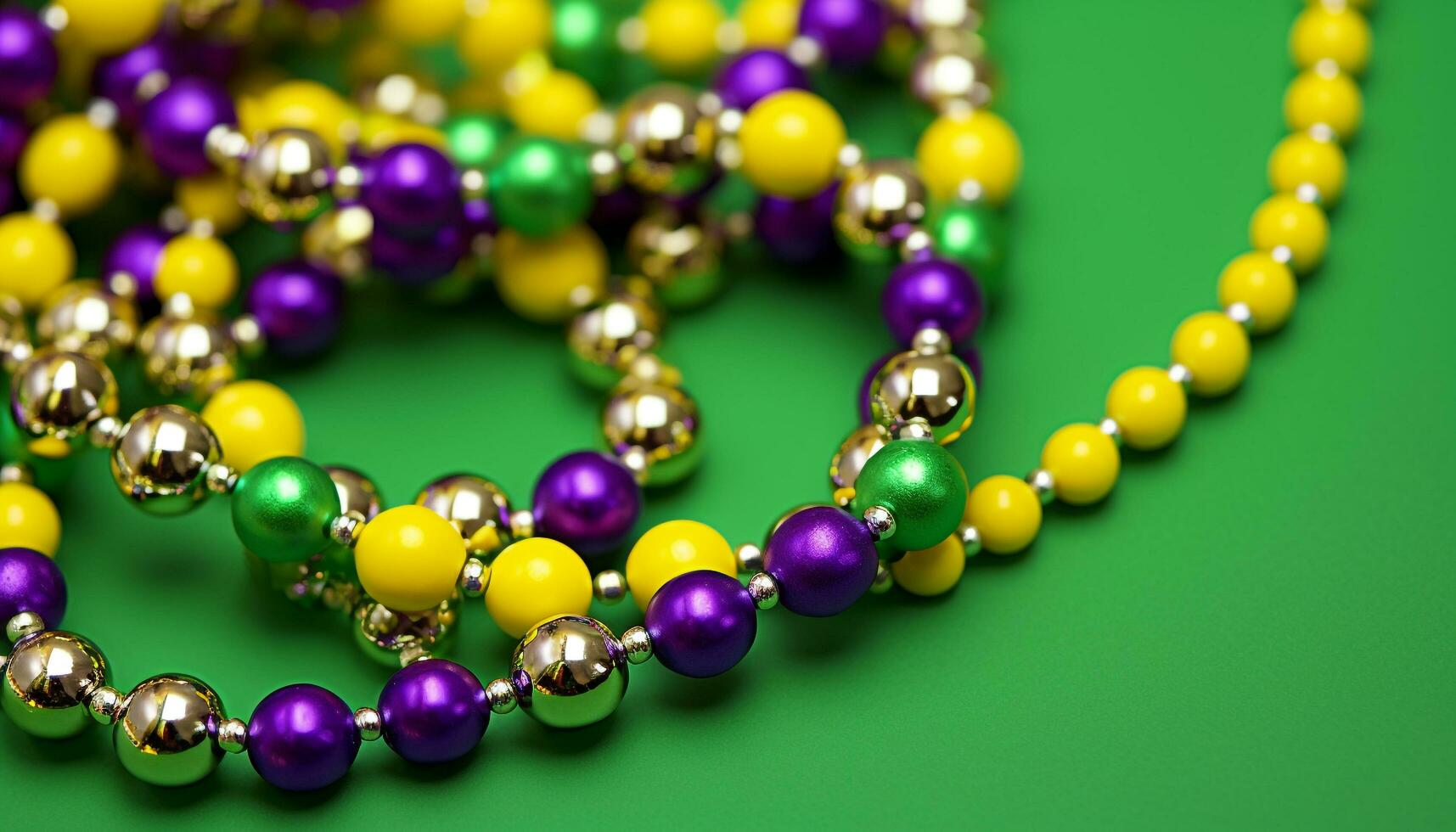 AI generated Purple bead necklace, multi colored decoration, green background, shiny jewelry generated by AI photo