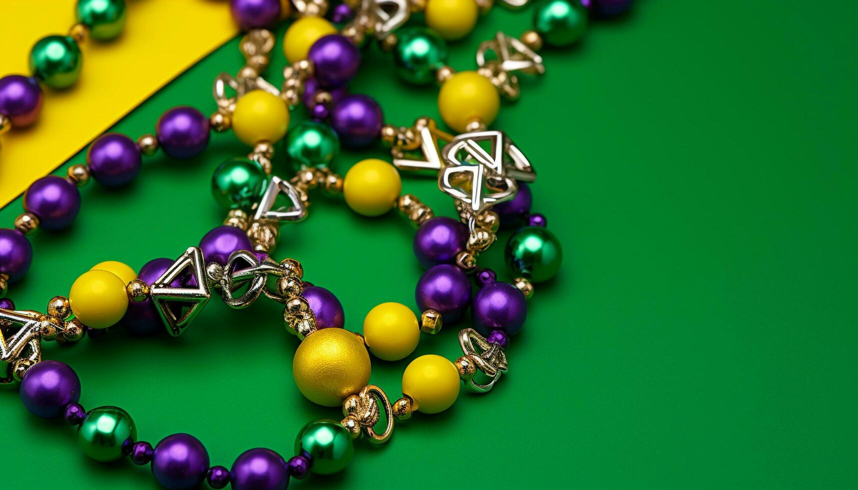 AI generated Purple, green, and gold beads create festive Mardi Gras decoration generated by AI photo