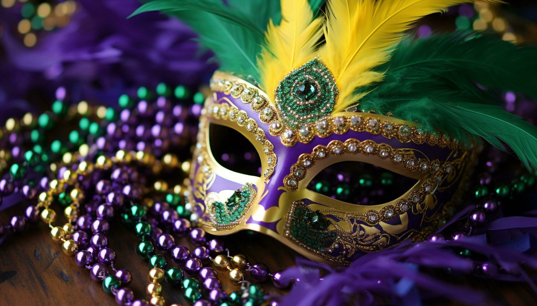 AI generated Mardi Gras celebration, mask, costume, feather, party, parade, colorful generated by AI photo