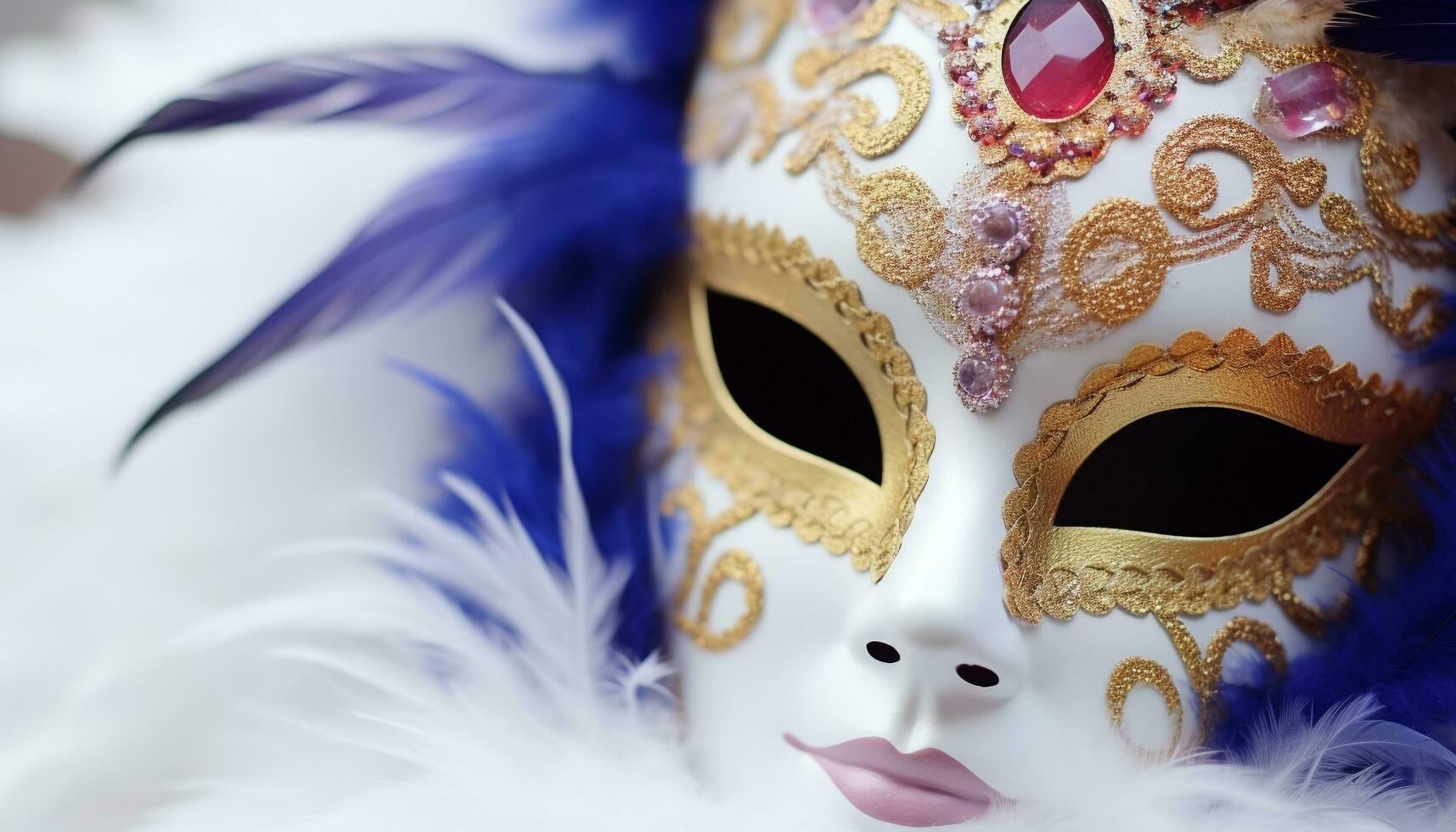 AI generated Feathered mask, elegant costume, gold decoration, mysterious beauty generated by AI photo