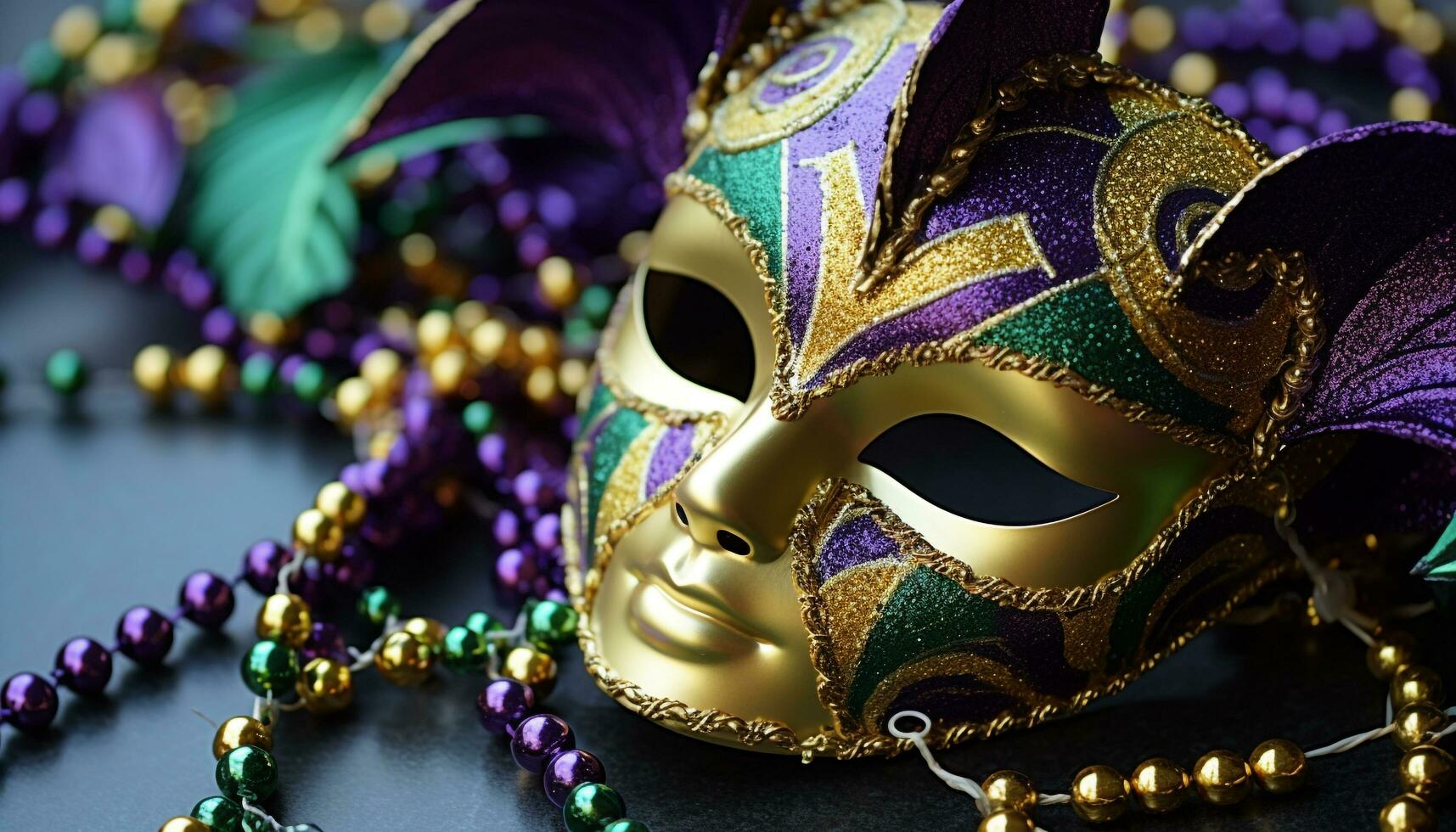 AI generated Mardi Gras celebration, costume, mask, party, gold, purple generated by AI photo