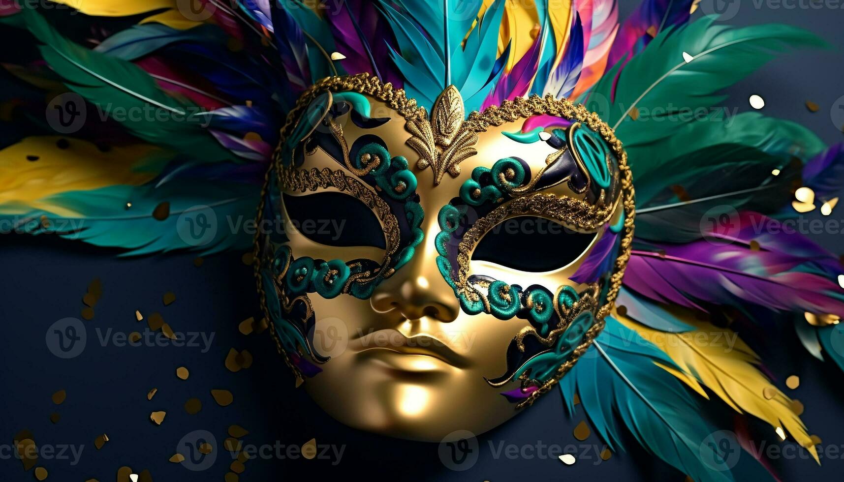 AI generated Feathered mask, gold elegance, mystery at Mardi Gras generated by AI photo