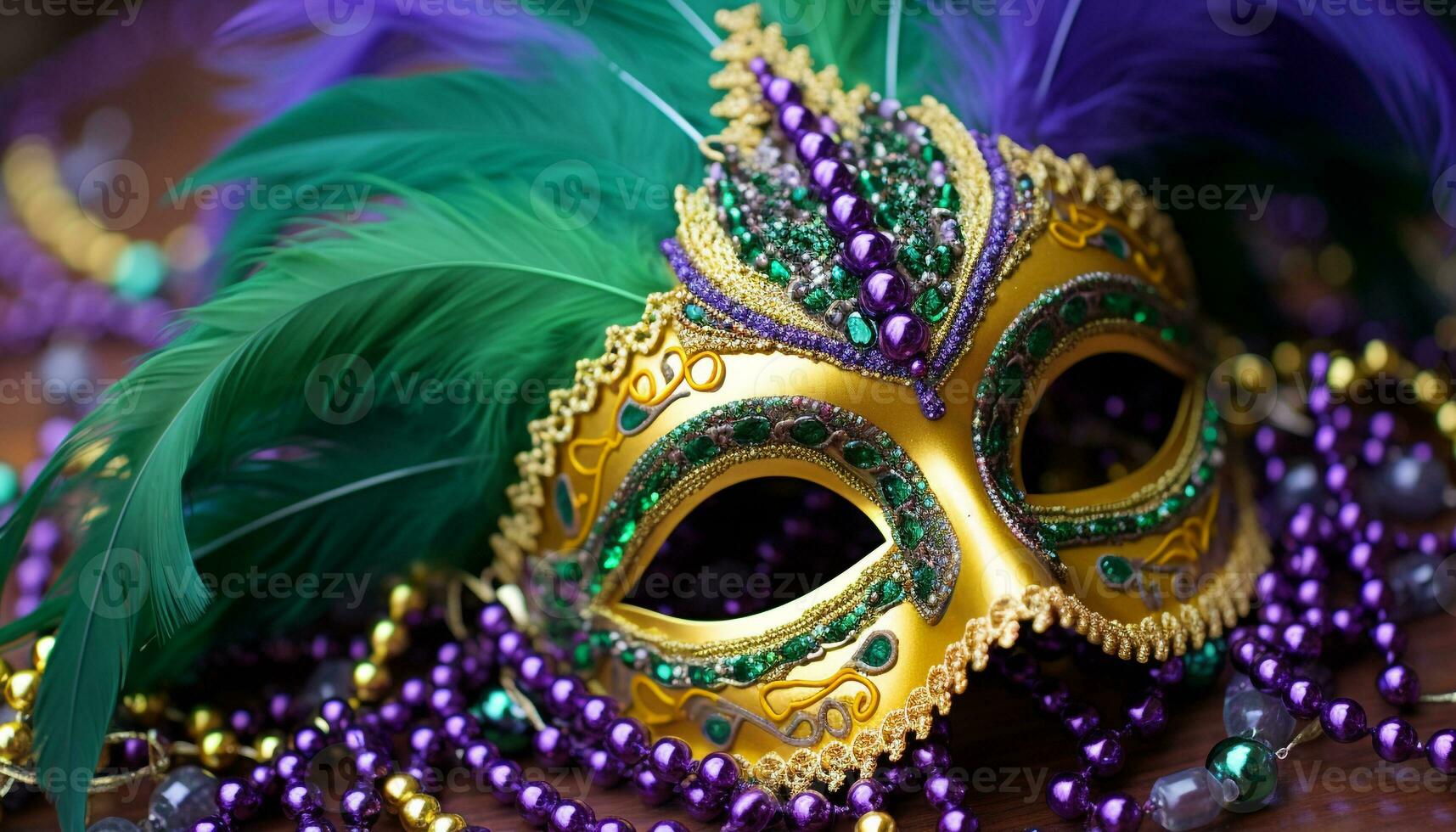 AI generated Mardi Gras celebration, colorful masks, beads, and feathers generated by AI photo