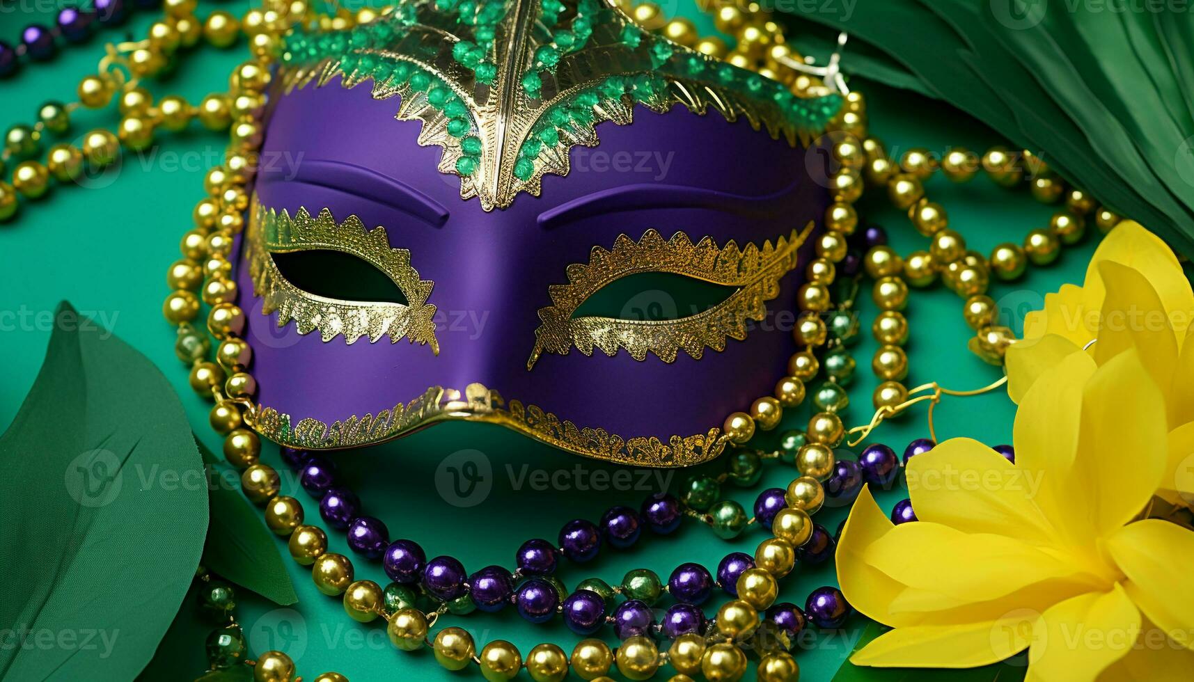 AI generated Gold costume, mask, Mardi Gras, shiny necklace, feather elegance generated by AI photo