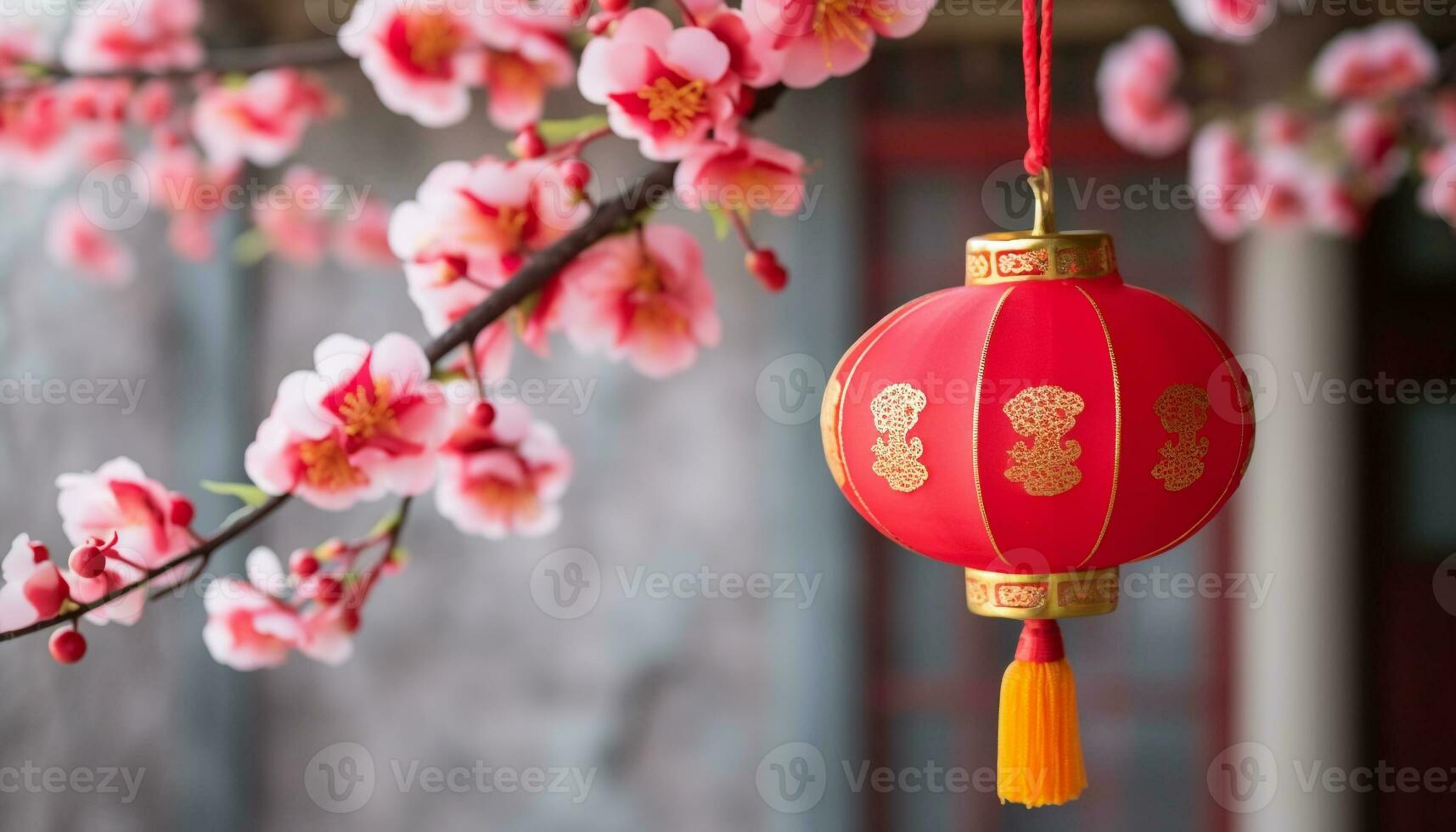 AI generated Chinese lanterns hanging, celebrating traditional festival, illuminating springtime generated by AI photo