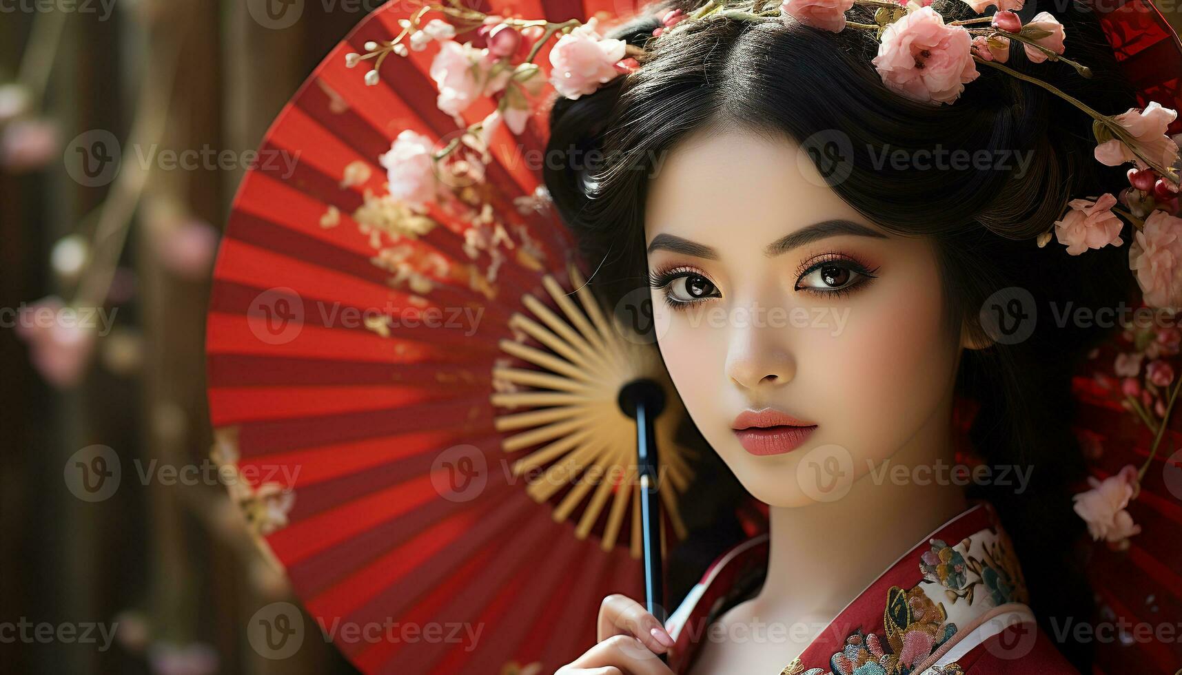 AI generated Beautiful young geisha woman in traditional Japanese clothing generated by AI photo