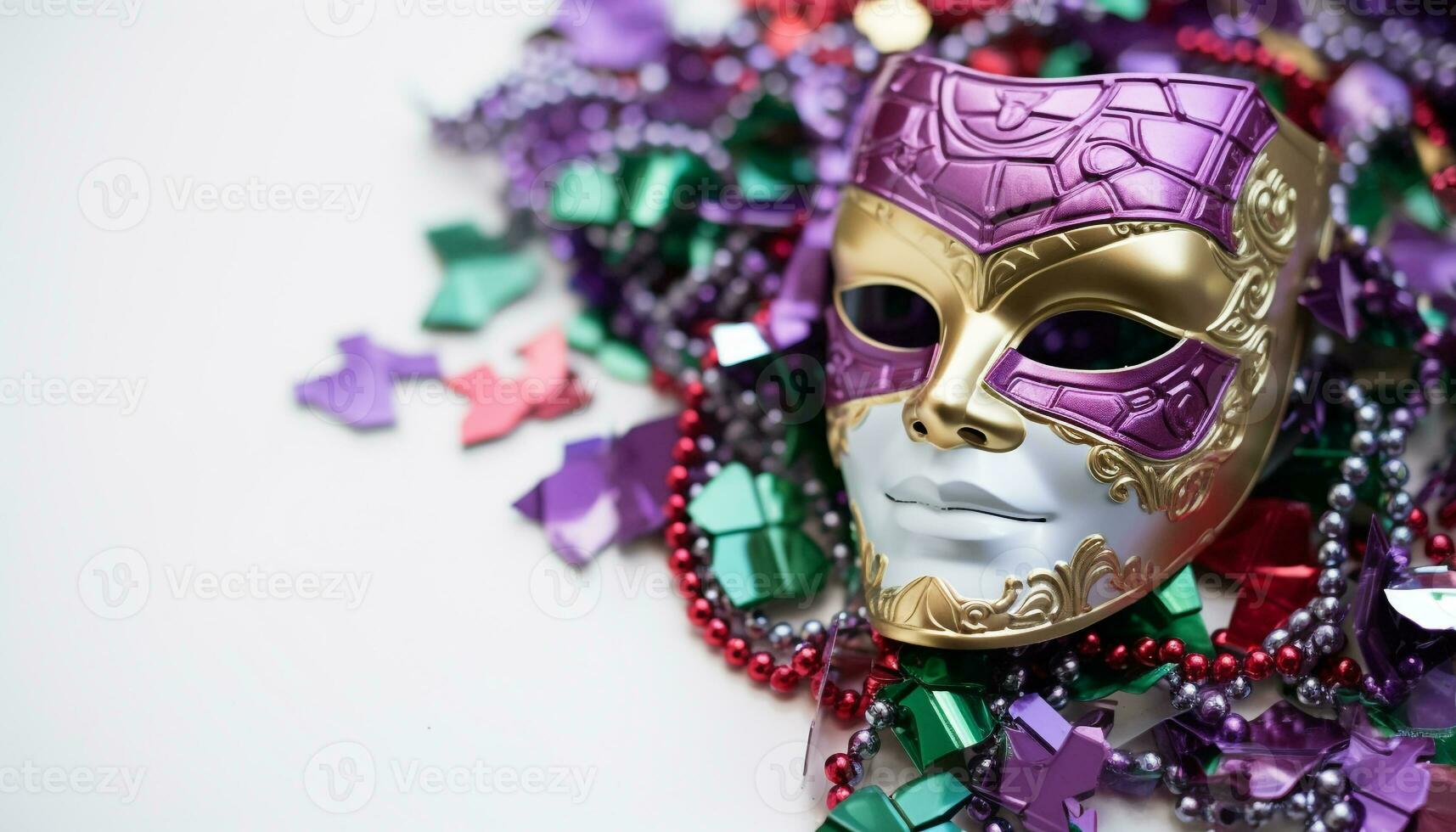 AI generated Mardi Gras mask, colorful feathers, shiny gold generated by AI photo