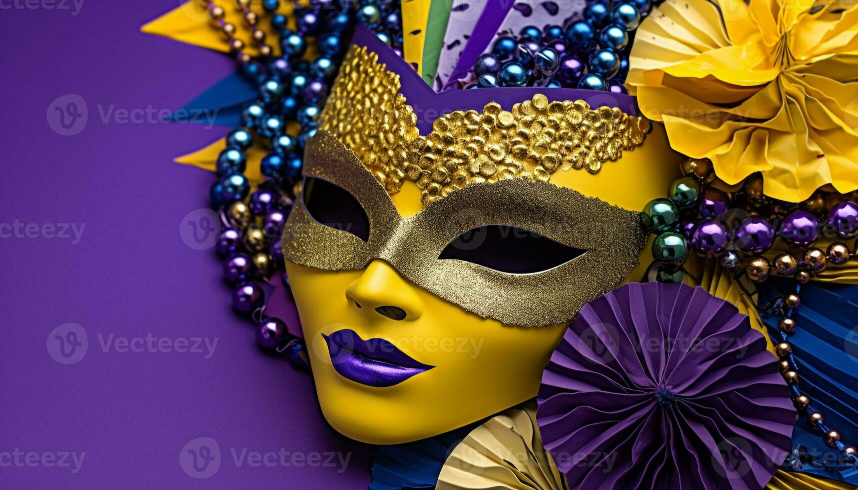 AI generated Mardi Gras celebration, masks, feathers, elegance, and fun generated by AI photo