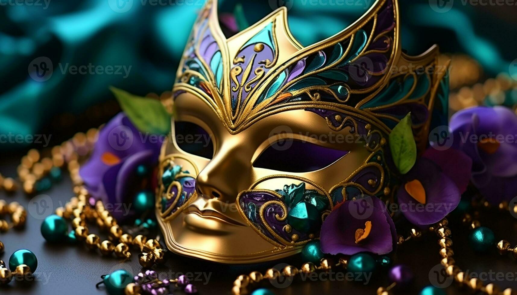 AI generated Shiny gold mask, costume, and bead celebration generated by AI photo