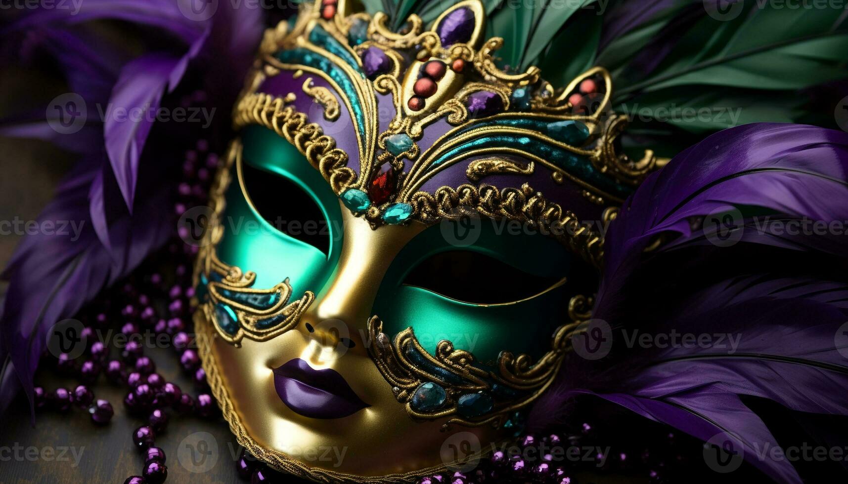 ai generado enmascarado belleza en florido oro disfraz celebra mardi gras generado por ai foto