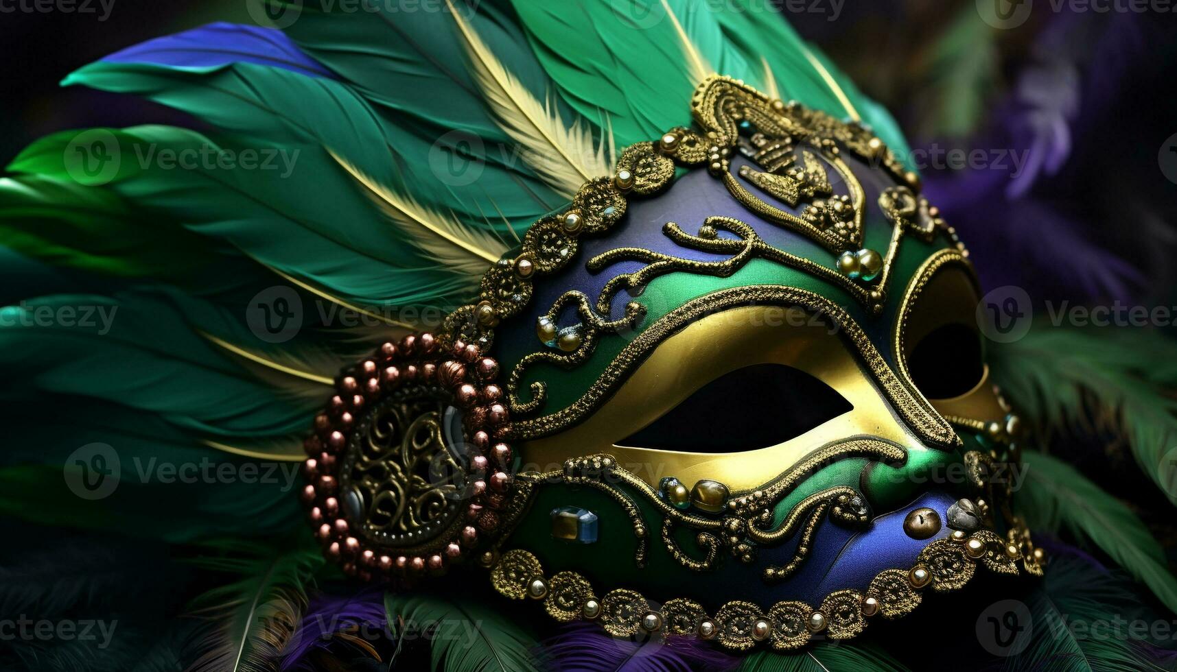 AI generated Colorful feathers adorn the mask of Mardi Gras generated by AI photo