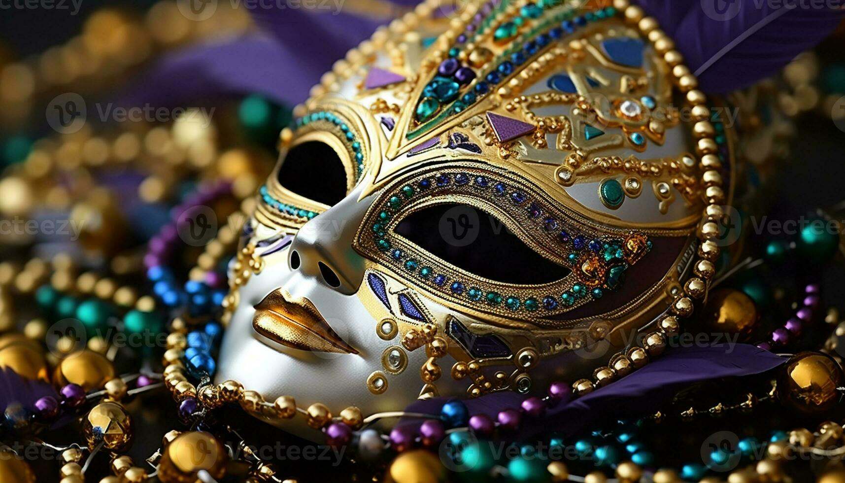 AI generated Colorful masks and costumes at Mardi Gras parade generated by AI photo