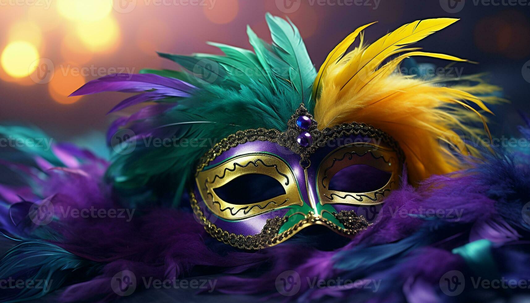 ai generado vistoso plumas adornar un máscara a un mardi gras celebracion generado por ai foto