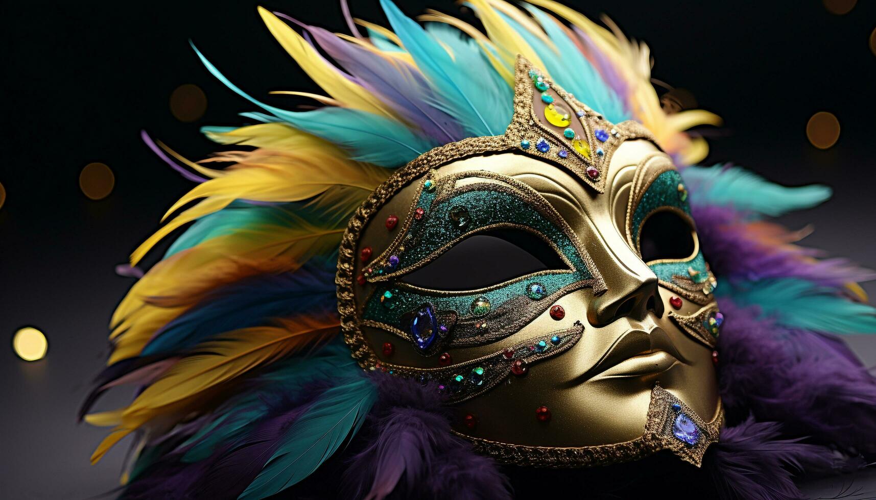 AI generated Colorful feathers adorn the elegant masquerade costume generated by AI photo