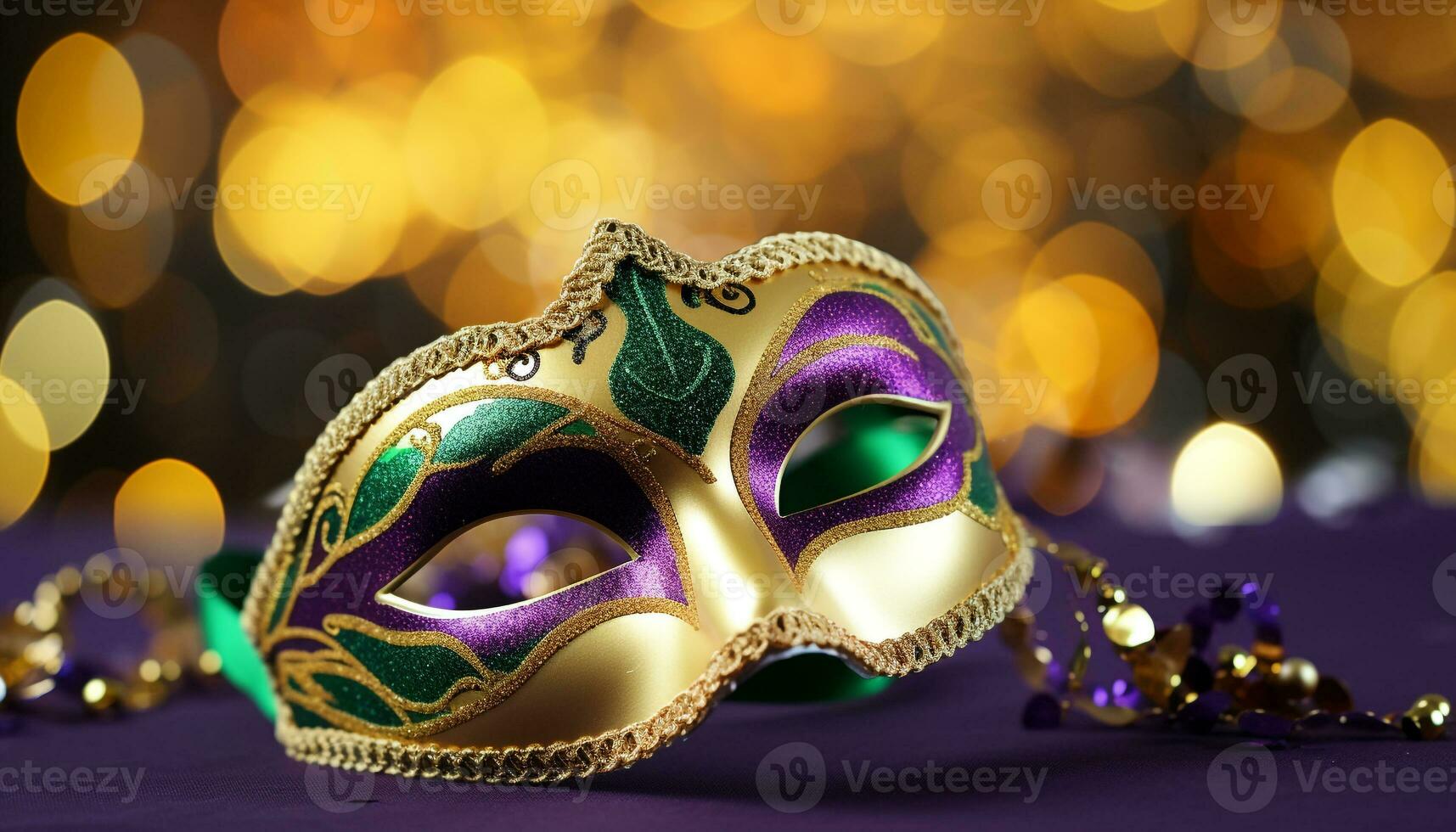 AI generated Shiny gold costume masks illuminate Mardi Gras celebration generated by AI photo