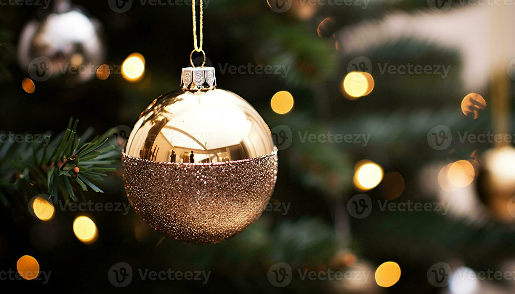 AI generated Christmas tree decorated with shiny ornaments and lights generated by AI photo