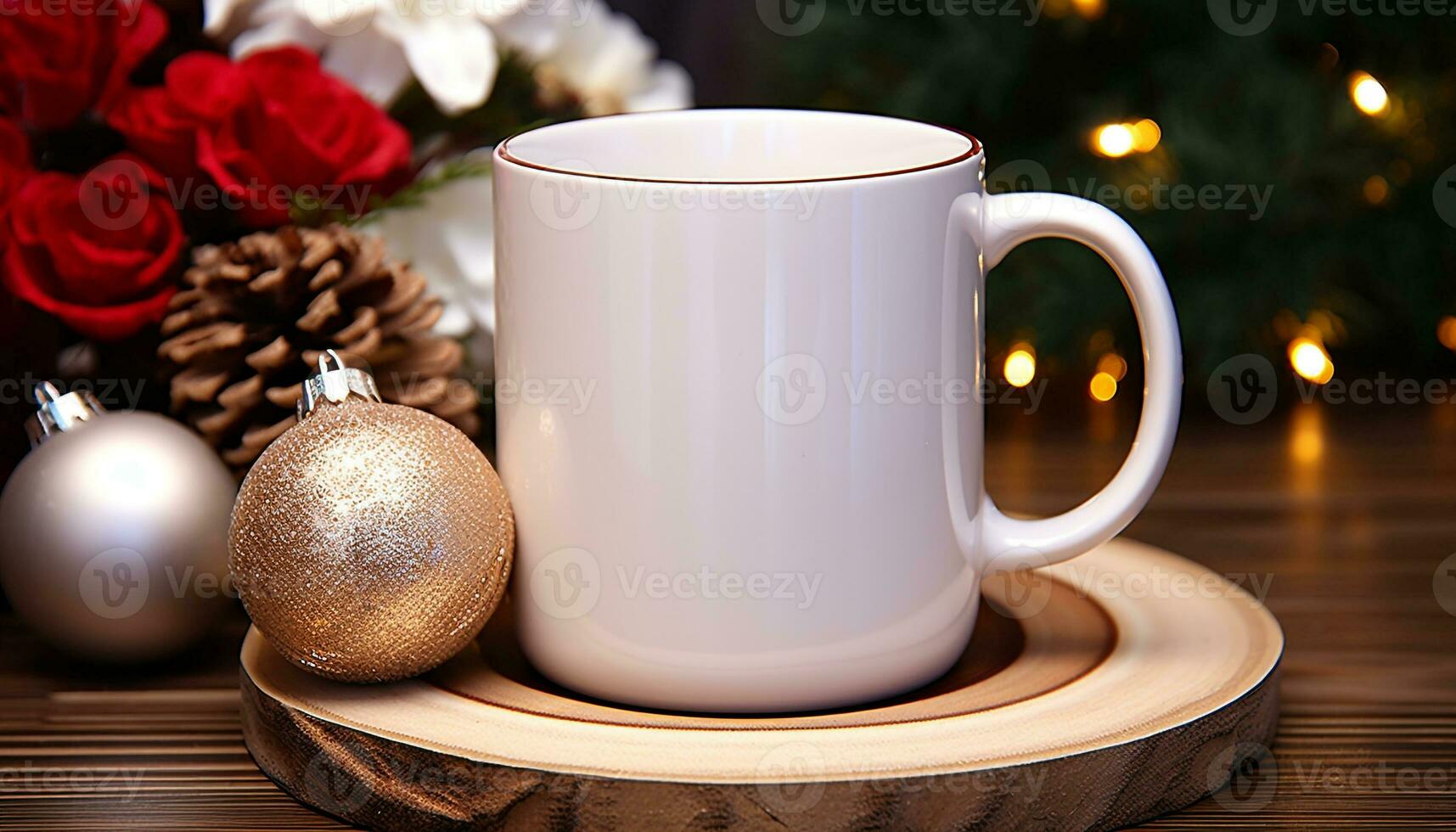 AI generated Wooden table with coffee cup, Christmas ornament, and gift generated by AI photo