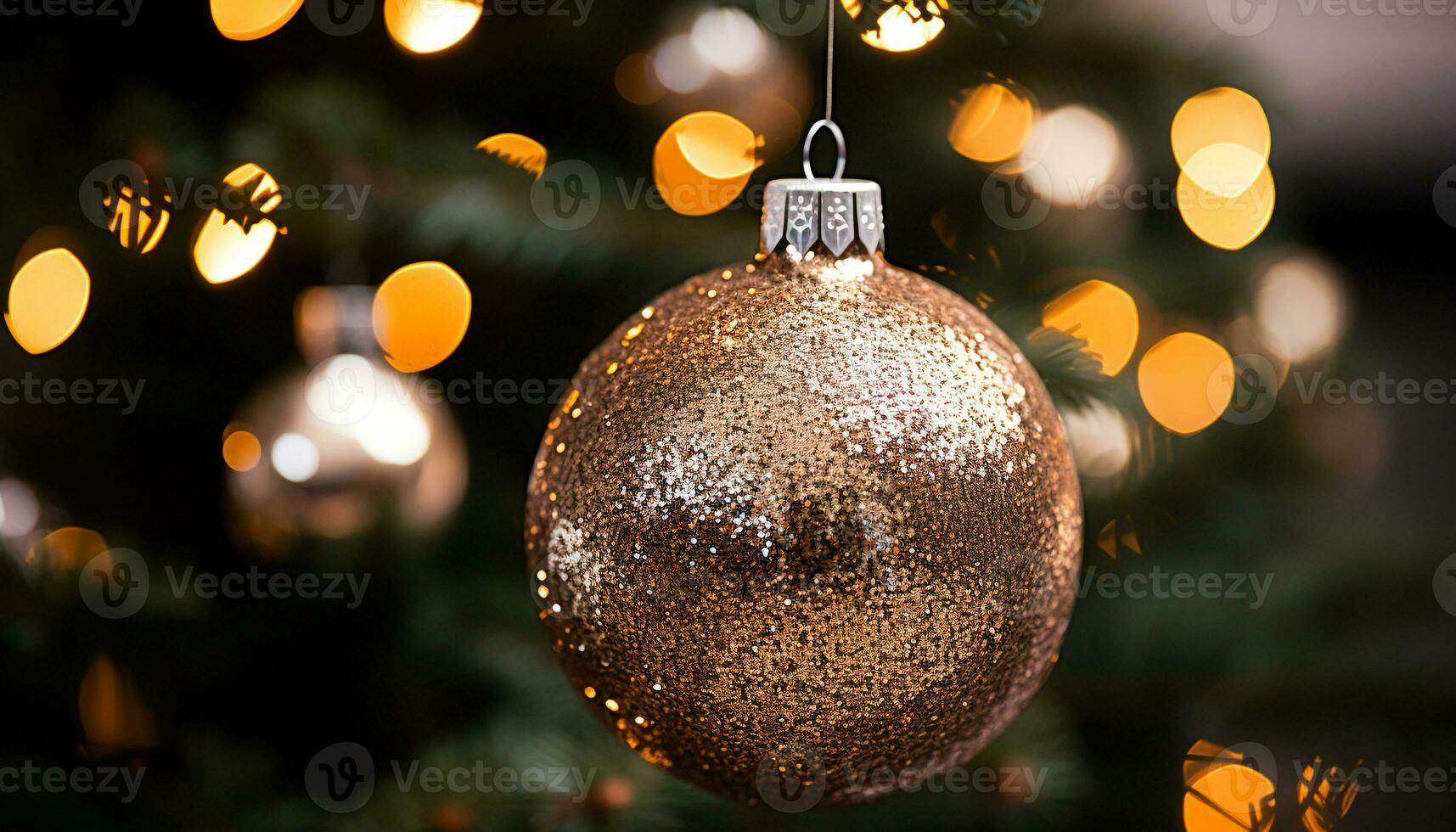 AI generated Shiny Christmas ornament hanging on decorated Christmas tree generated by AI photo