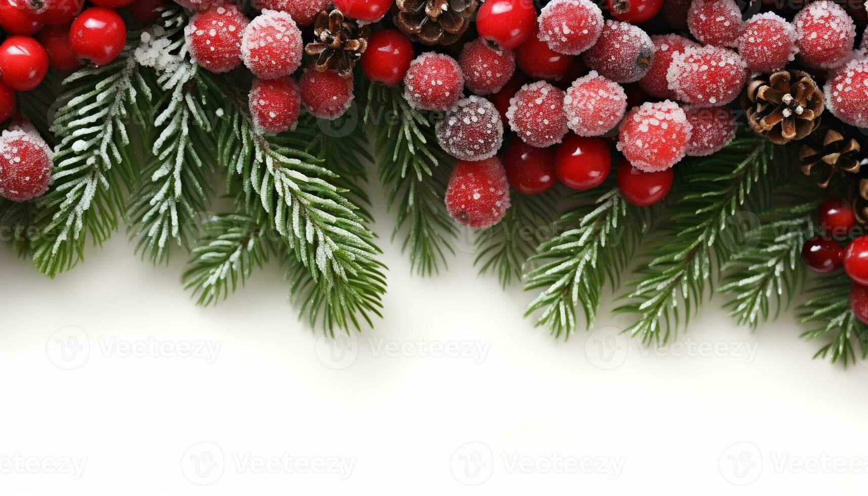 AI generated Winter celebration, holly, snow, Christmas ornament, fir tree generated by AI photo