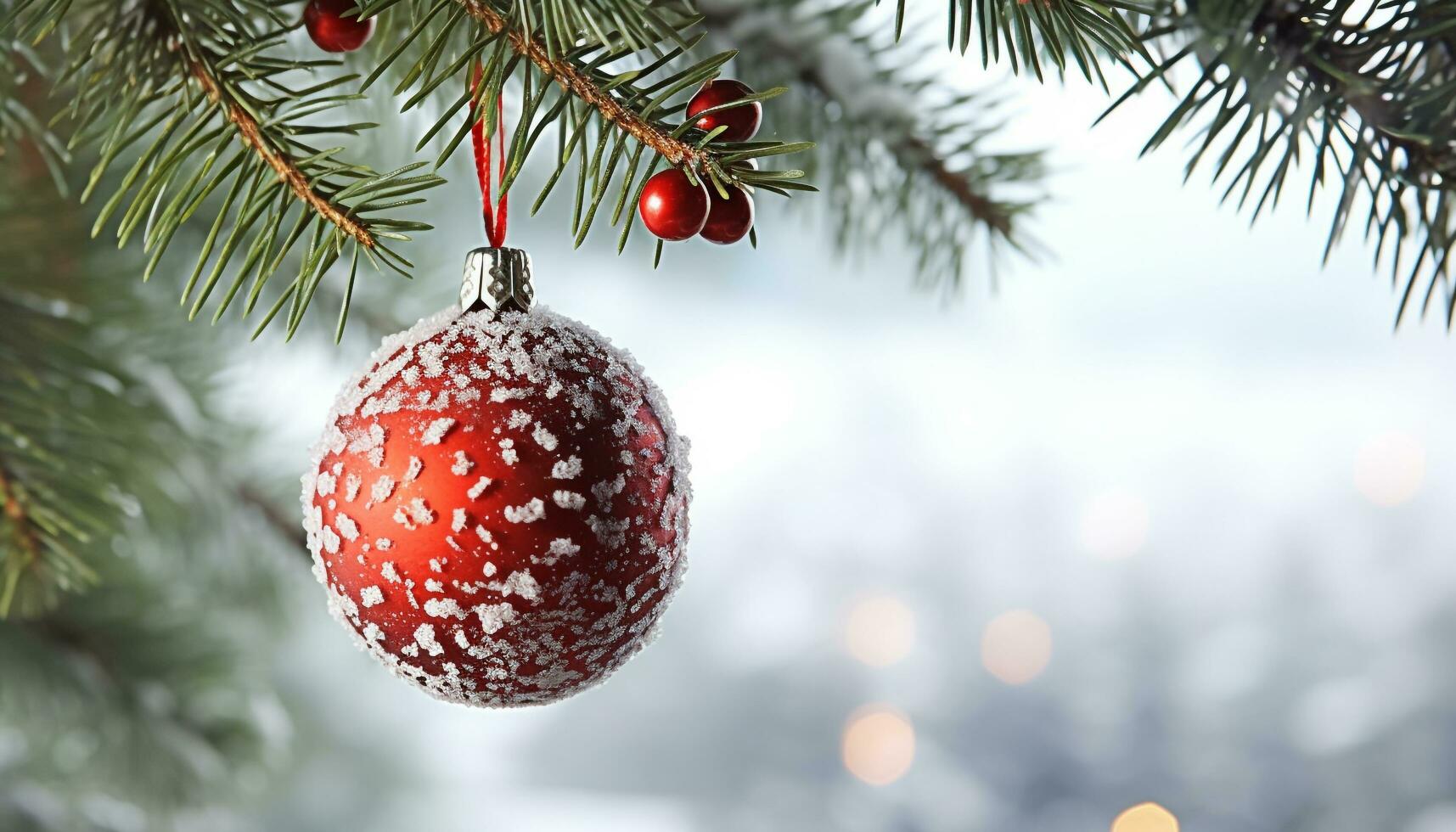 AI generated Winter celebration, snow covered tree adorned with Christmas ornaments generated by AI photo
