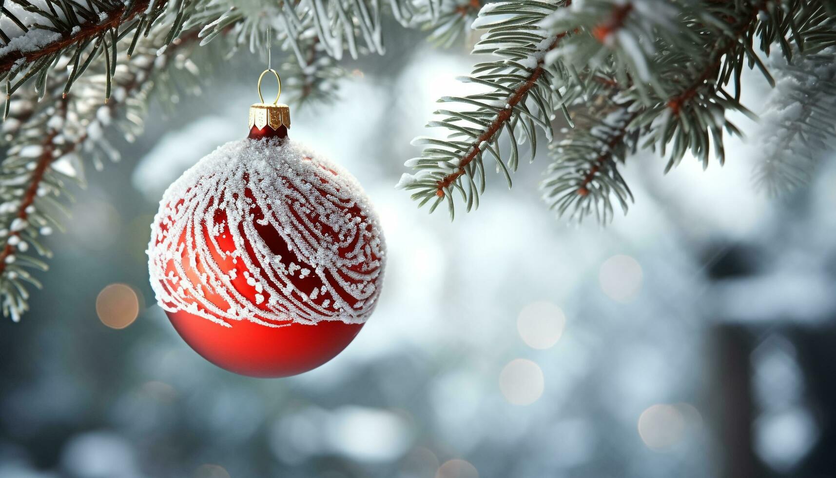 AI generated Snow covered tree branch with shiny Christmas ornaments generated by AI photo