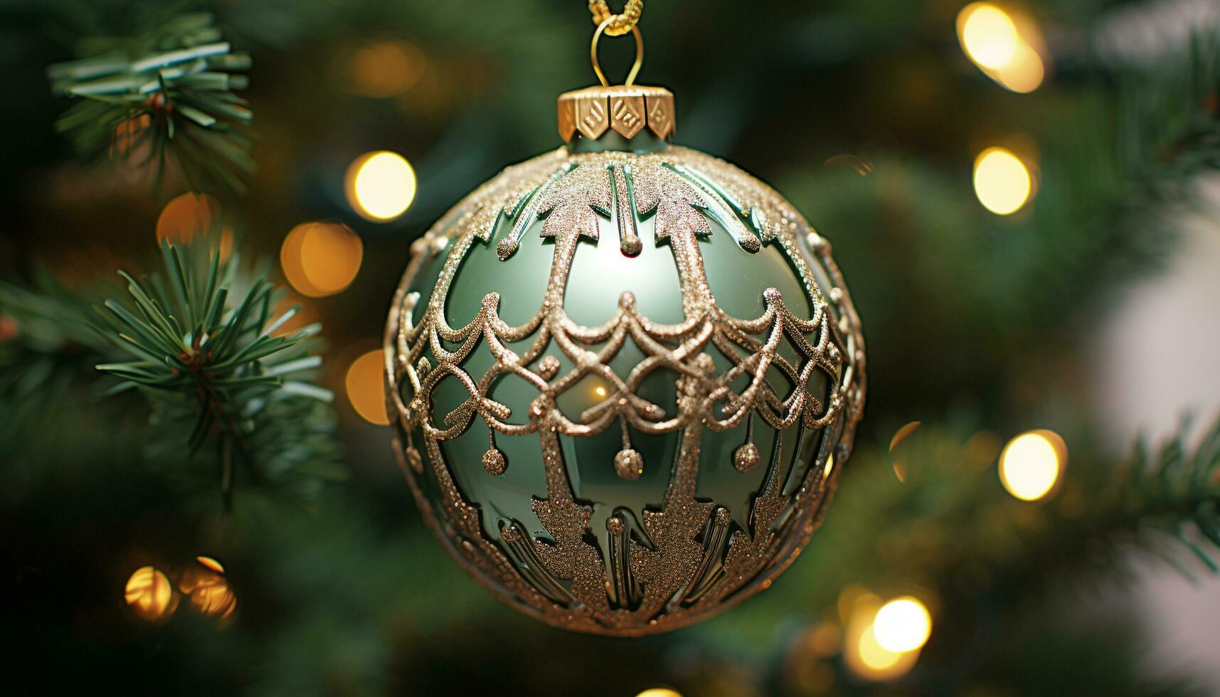 AI generated Shiny gold ornament hanging on Christmas tree generated by AI photo