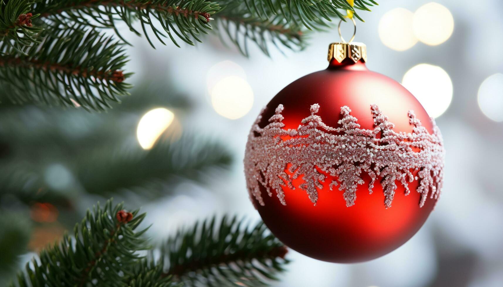 AI generated Shiny ornament hanging on Christmas tree, glowing blue generated by AI photo