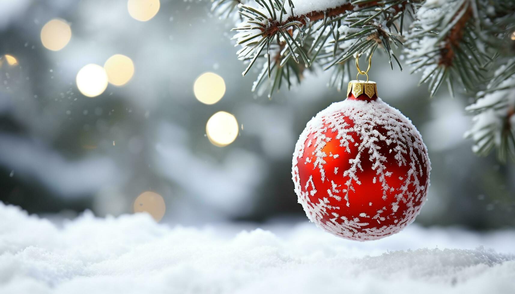 AI generated Snow covered tree with shiny Christmas ornaments generated by AI photo