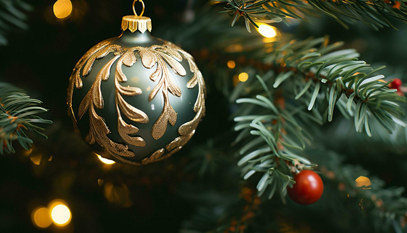 AI generated Christmas tree decorated with shiny gold ornaments generated by AI photo