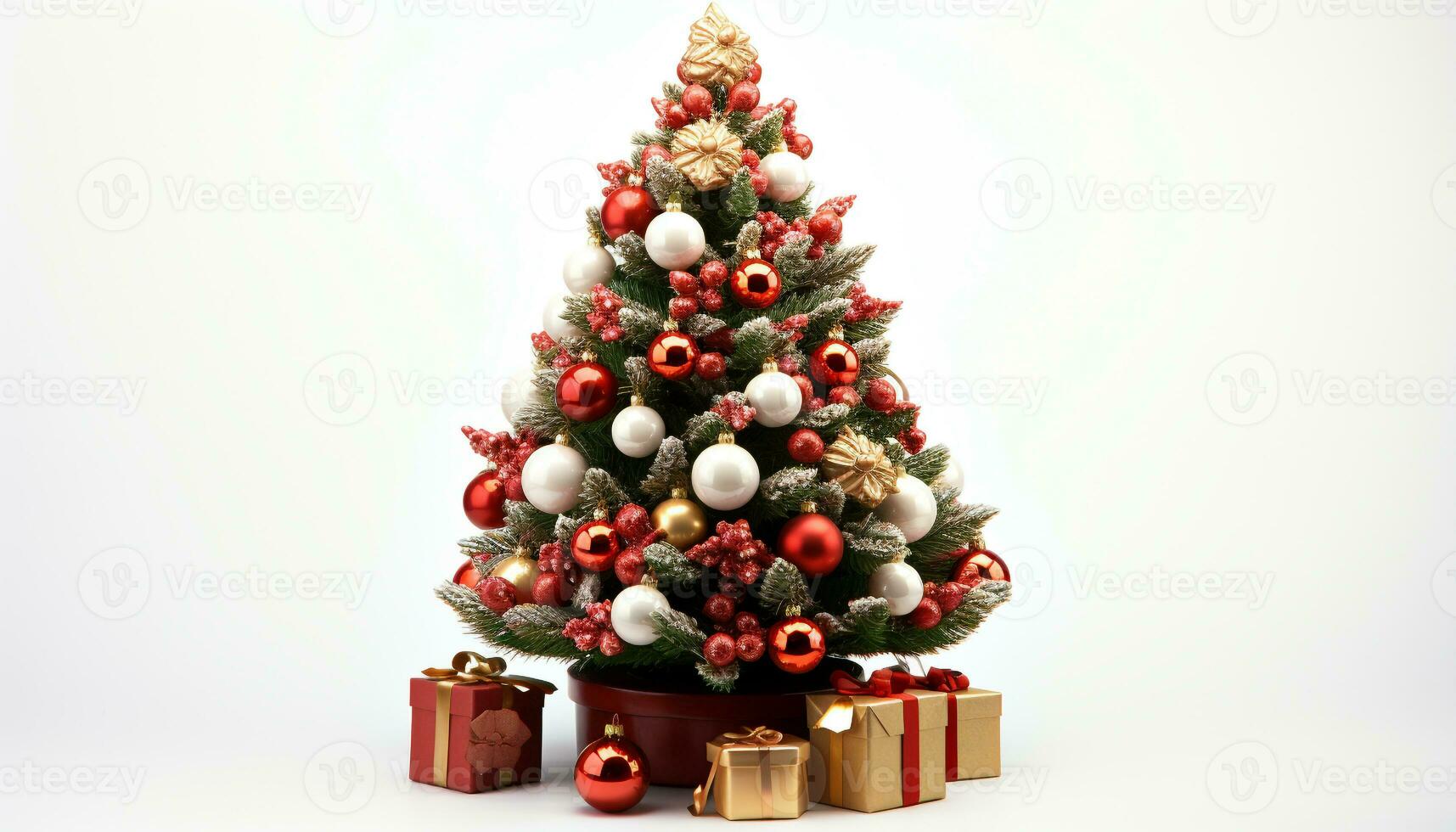 AI generated Christmas tree decoration on white background, gift box generated by AI photo