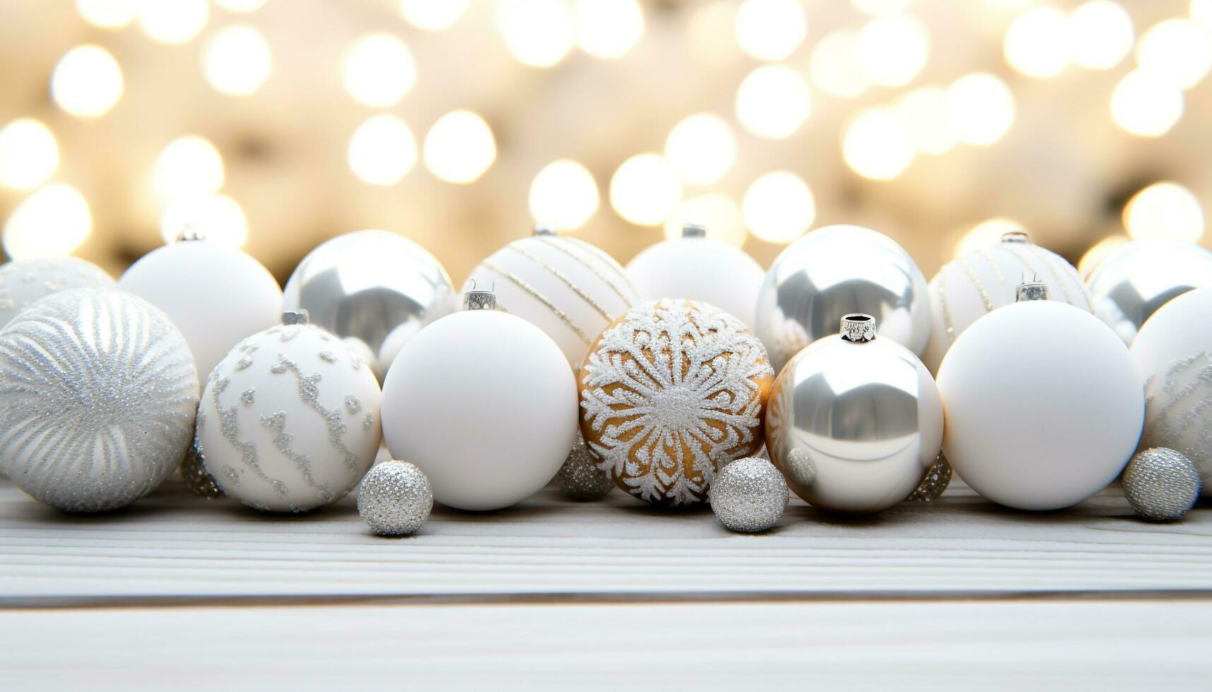 AI generated Christmas ornament decoration on wood table, glowing and bright generated by AI photo